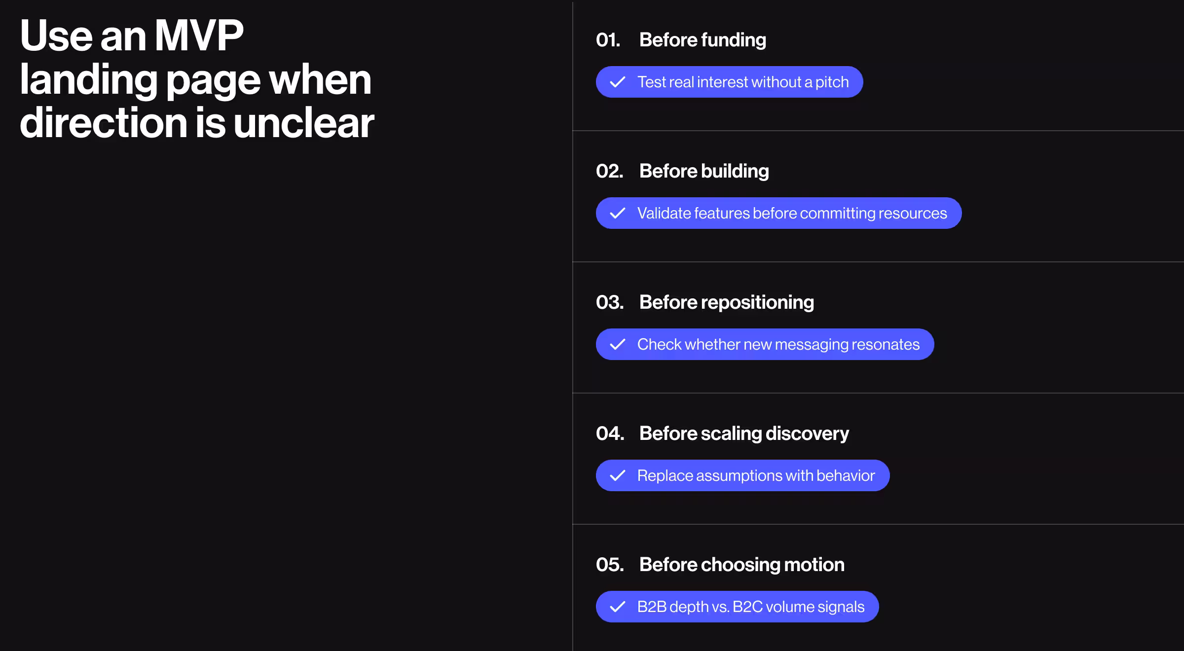 MVP landing page strategy showing when to use it: before funding, before building, before repositioning, before scaling discovery, and before choosing B2B vs B2C direction