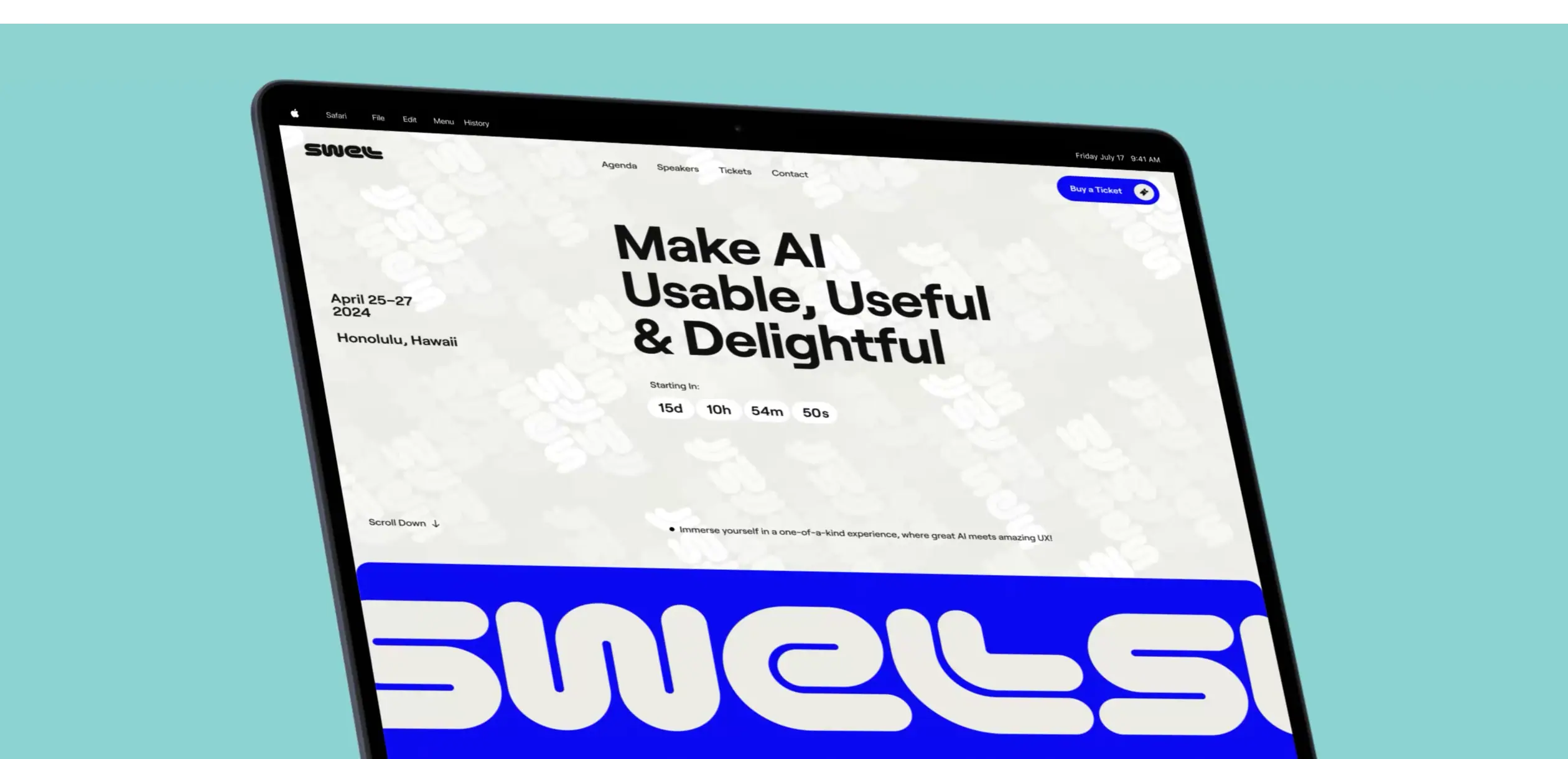 Laptop displaying the Swell AI conference website with bold event branding, conference details, and UX-centered messaging promoting usable, useful, and delightful AI experiences in Honolulu.