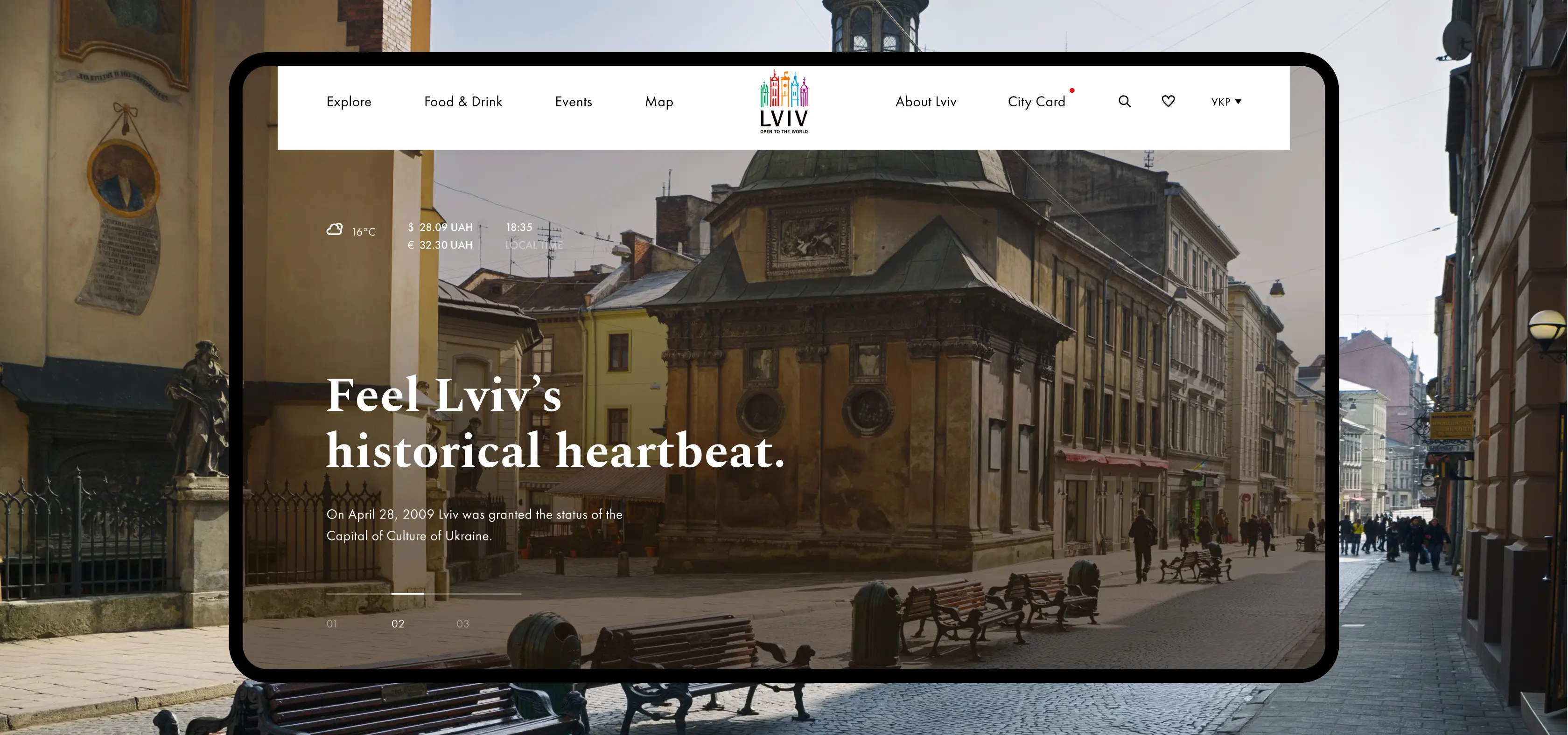Tablet displaying the Lviv tourism website with immersive city imagery, cultural highlights, navigation menus, and destination discovery features promoting Lviv’s historic atmosphere.