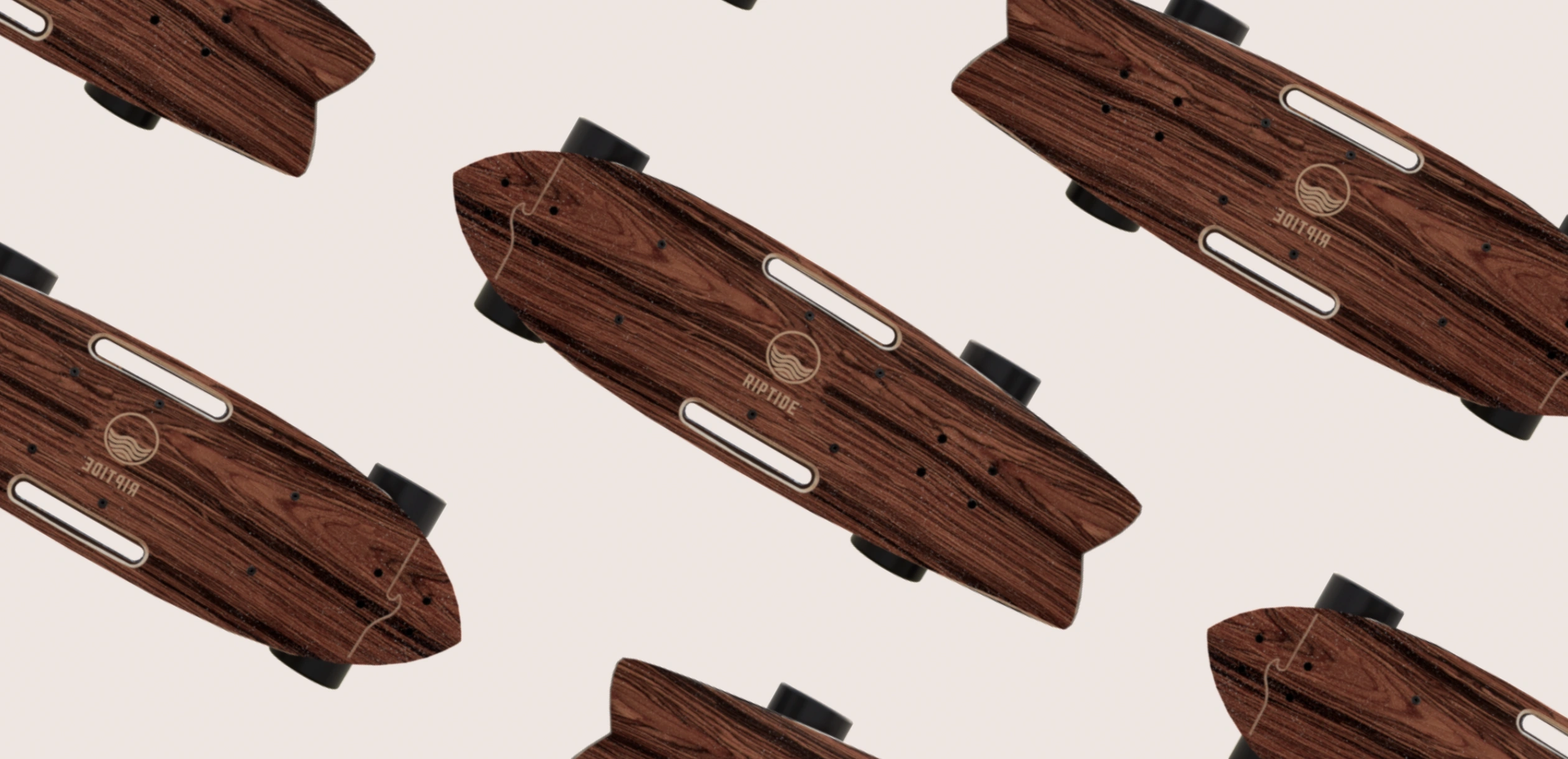 Pattern of Riptide electric skateboards with wood-finish decks arranged across a light background, emphasizing product design and branding.