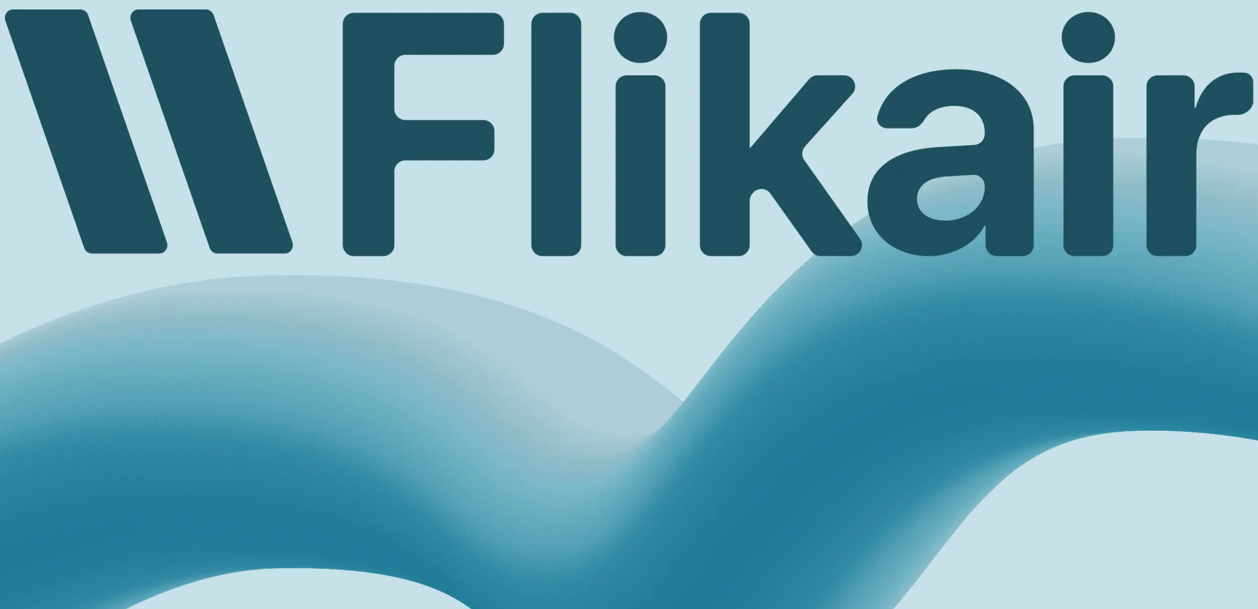 Flikair logo displayed on a light blue background, featuring a stylized double-chevron mark and a flowing wave graphic.