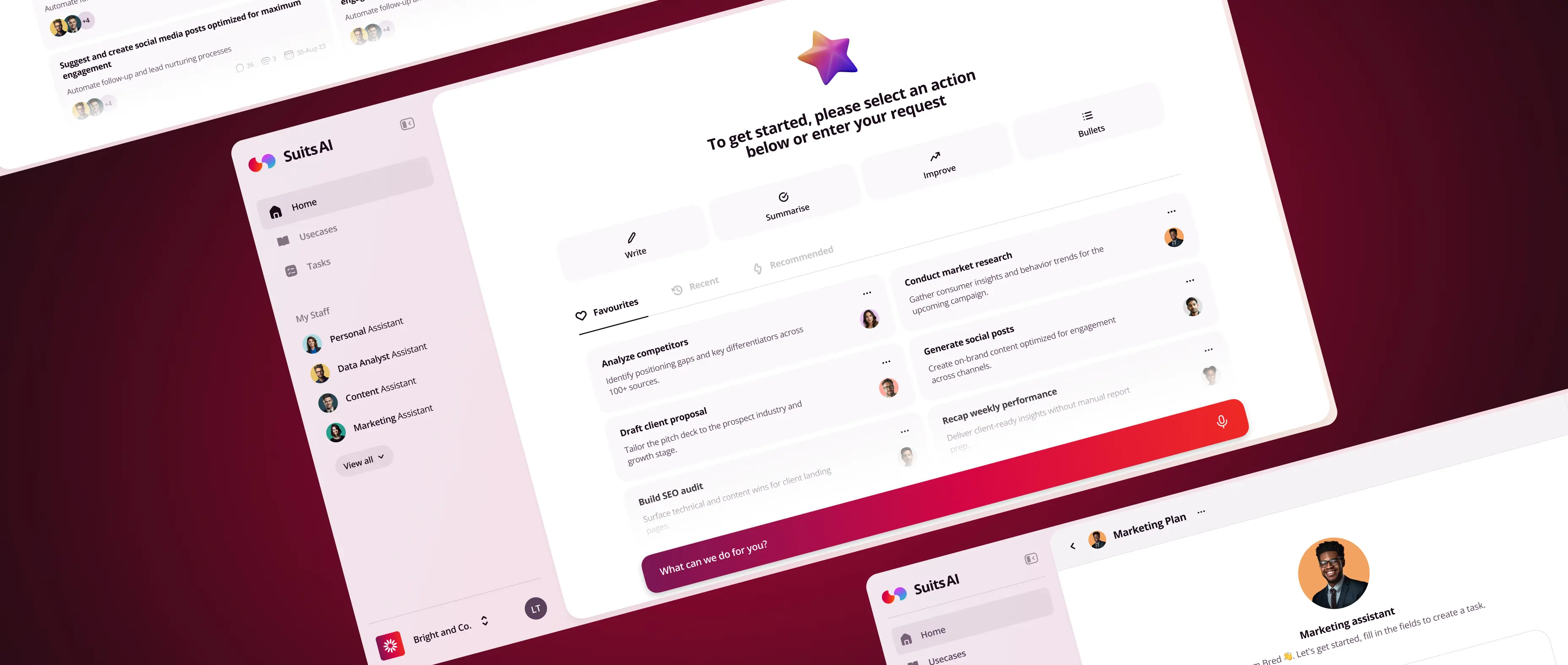 Close-up view of the SuitsAI interface, an AI-powered business productivity platform that combines specialized AI assistants, workflow automation, content generation, market research, and task management in a single workspace.