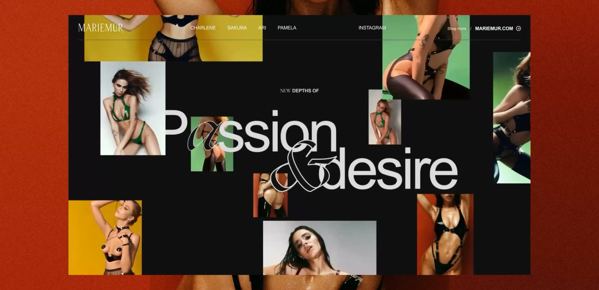 A high-fashion editorial landing page for a lingerie brand featuring a collage of model photography arranged around large overlapping typography reading “Passion & desire.”