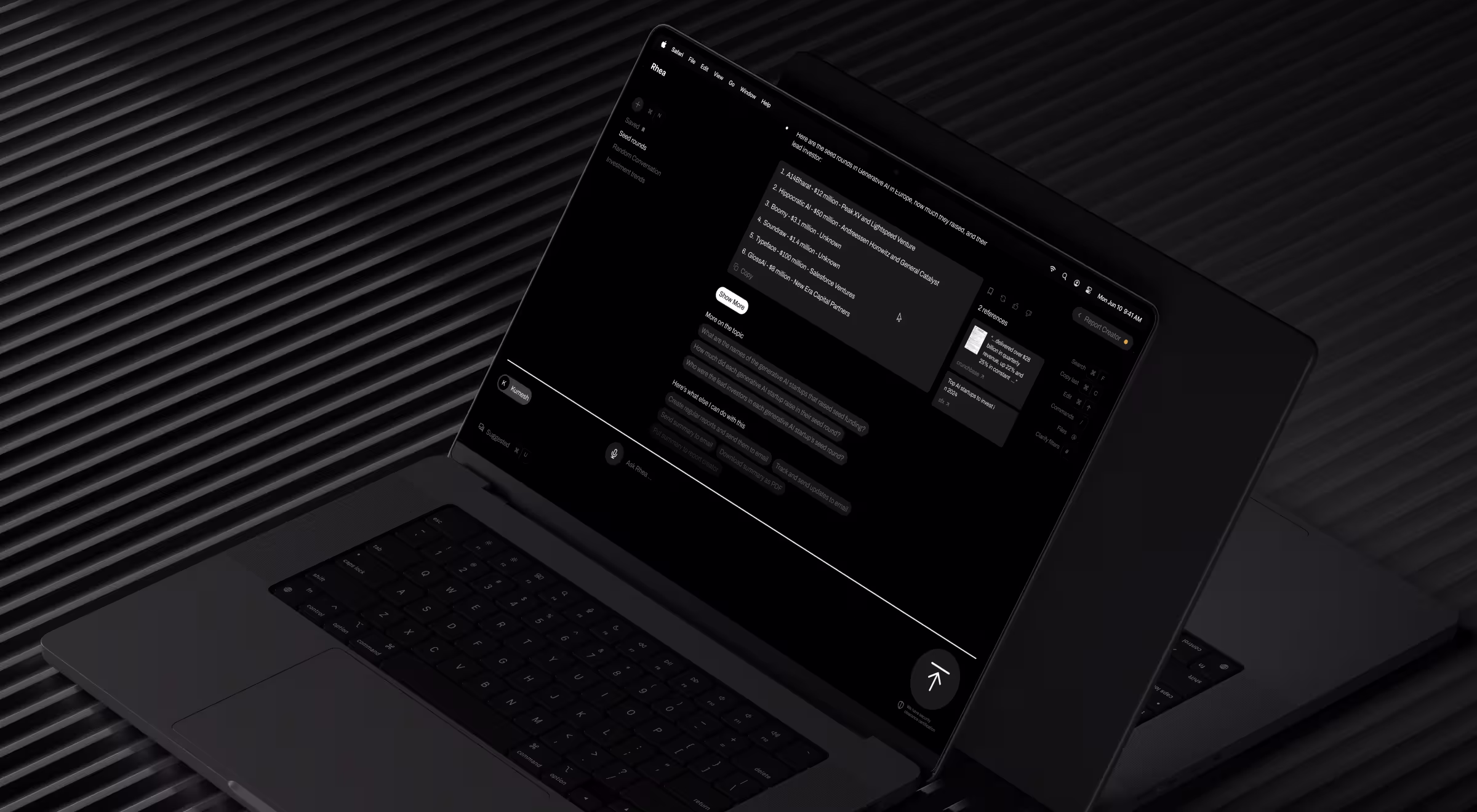 Dark-themed laptop interface showcasing an AI research assistant for venture capital. The workspace combines conversational search, document references, and structured investment analysis in a single productivity environment.