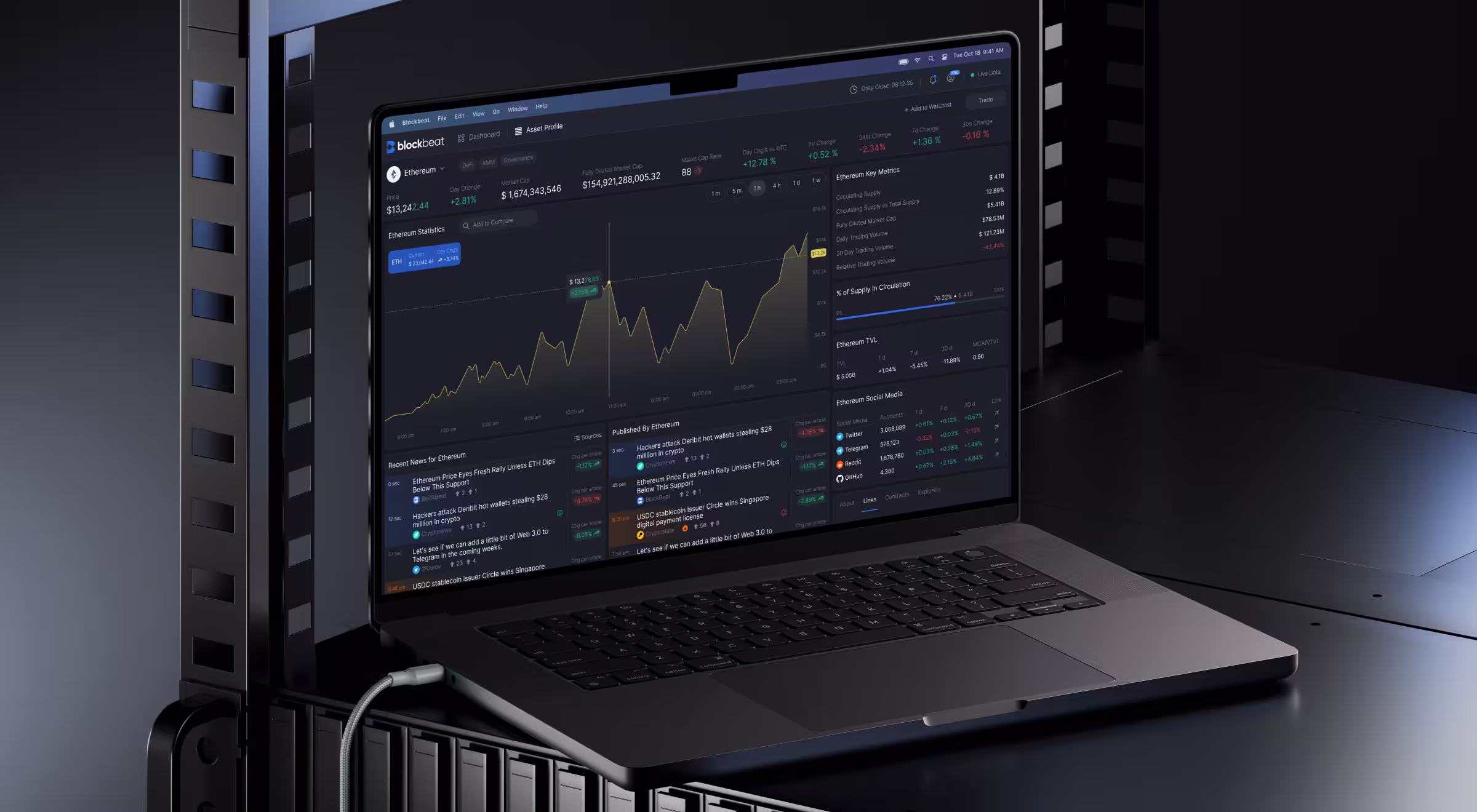 Laptop displaying a dark-mode AI-powered financial research interface with conversational analysis, sourced references, and structured insights designed to help analysts explore investment opportunities and synthesize complex market data.