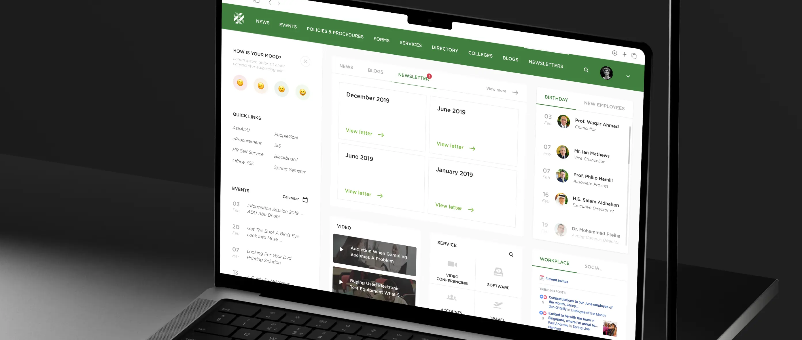 Employee intranet dashboard displayed on a laptop screen, featuring a clean, information-rich interface with news, newsletters, events, workplace updates, employee directories, and quick-access tools.