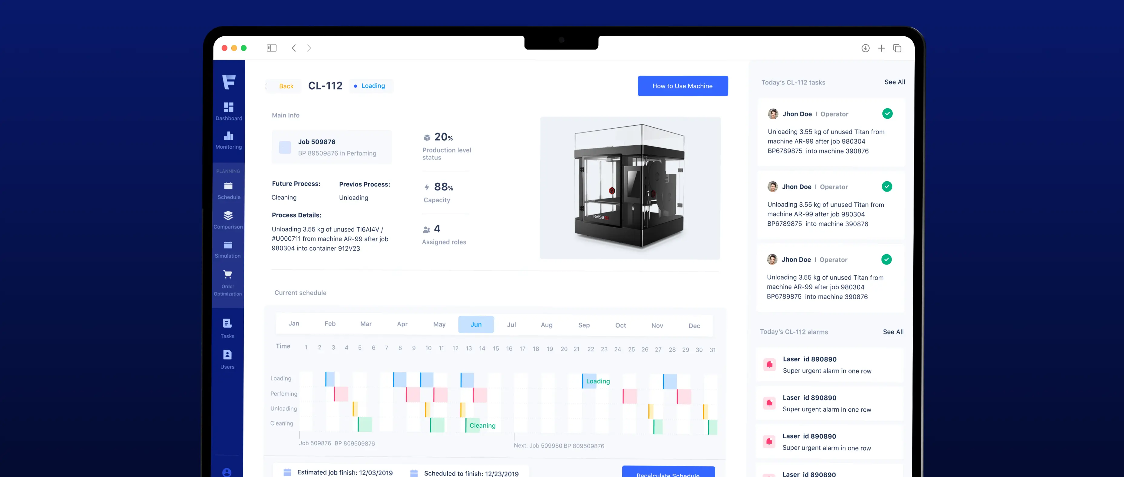 Manufacturing execution dashboard displaying machine status, production metrics, task assignments, equipment utilization, and process scheduling within a centralized factory management platform.