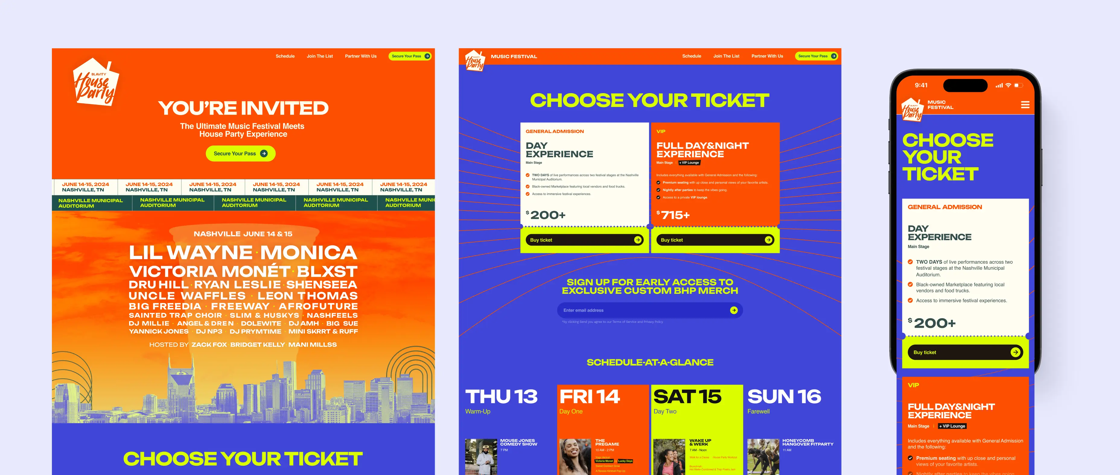 Bright festival website showcase displayed across desktop and mobile screens, featuring bold orange, blue, and neon green branding, artist lineup announcements.