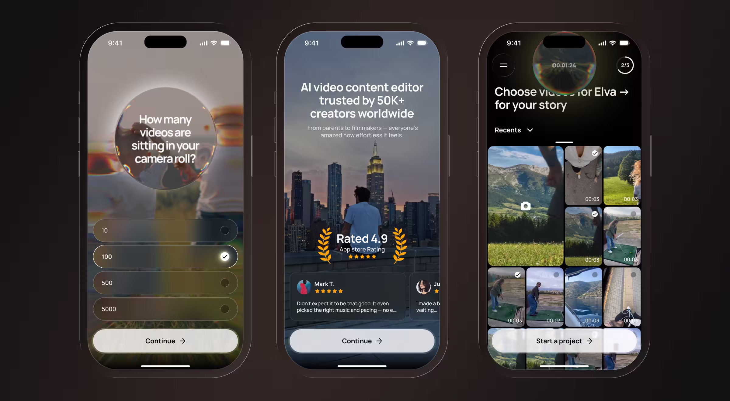 Three mobile screens from an AI-powered video editing application. The experience guides users through onboarding, highlights automated editing capabilities, and enables AI-assisted selection and organization of videos into polished content.
