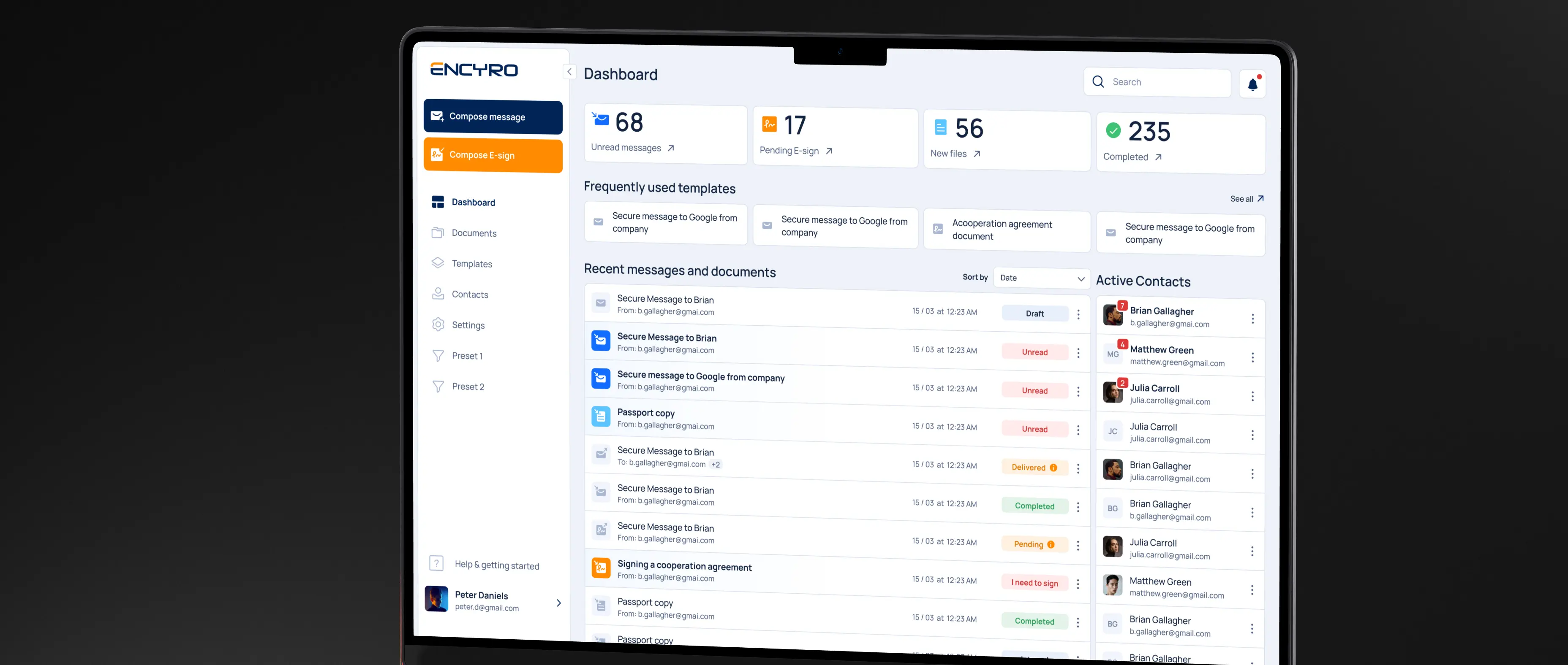 Encyro secure communication dashboard displayed on a desktop interface, showing encrypted messages, e-signature requests, document templates, recent activity, and active contacts in a centralized workspace.