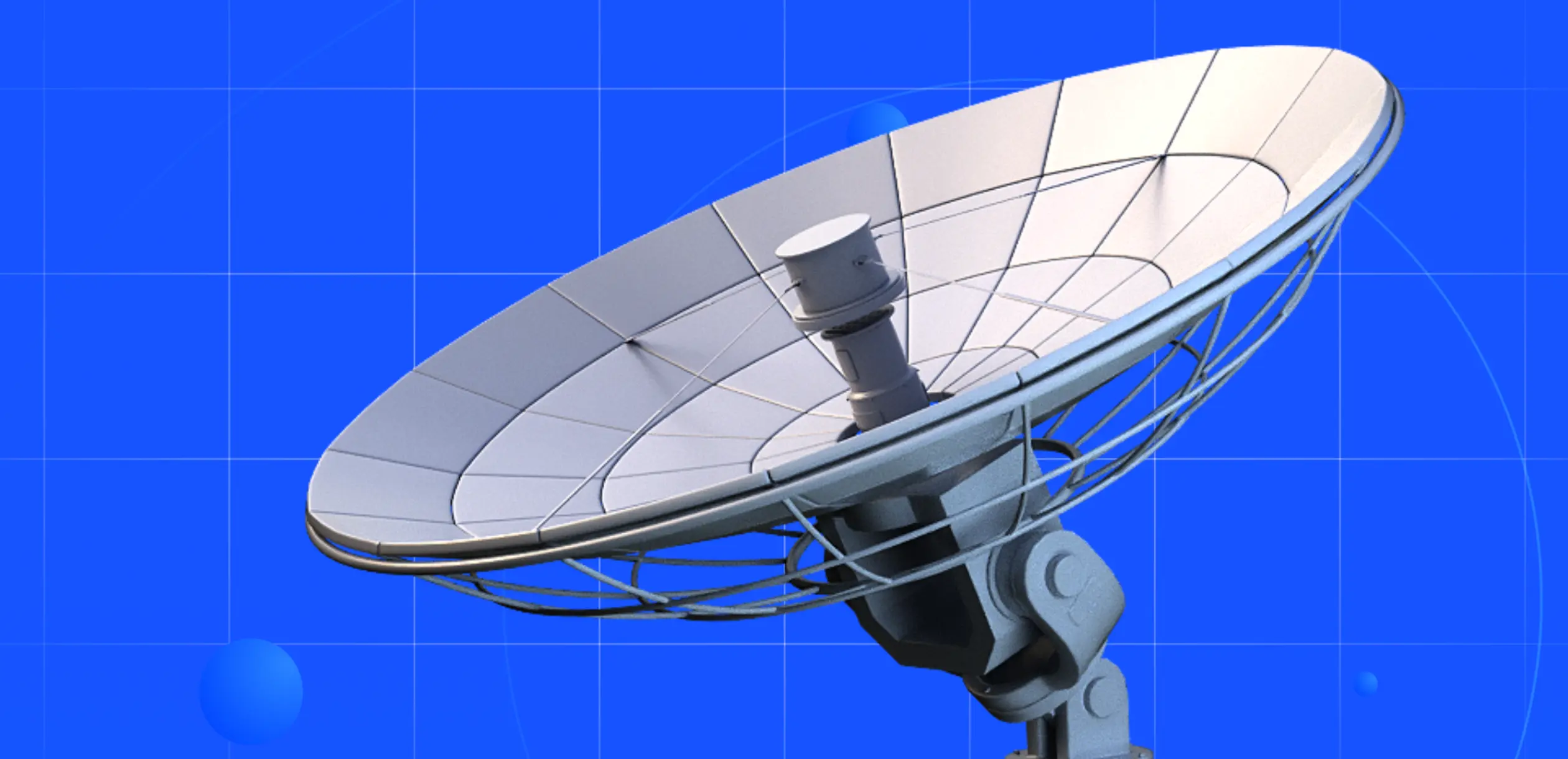 3D illustration of a satellite communication dish transmitting signals, representing secure data transfer, cloud connectivity, and enterprise communications.