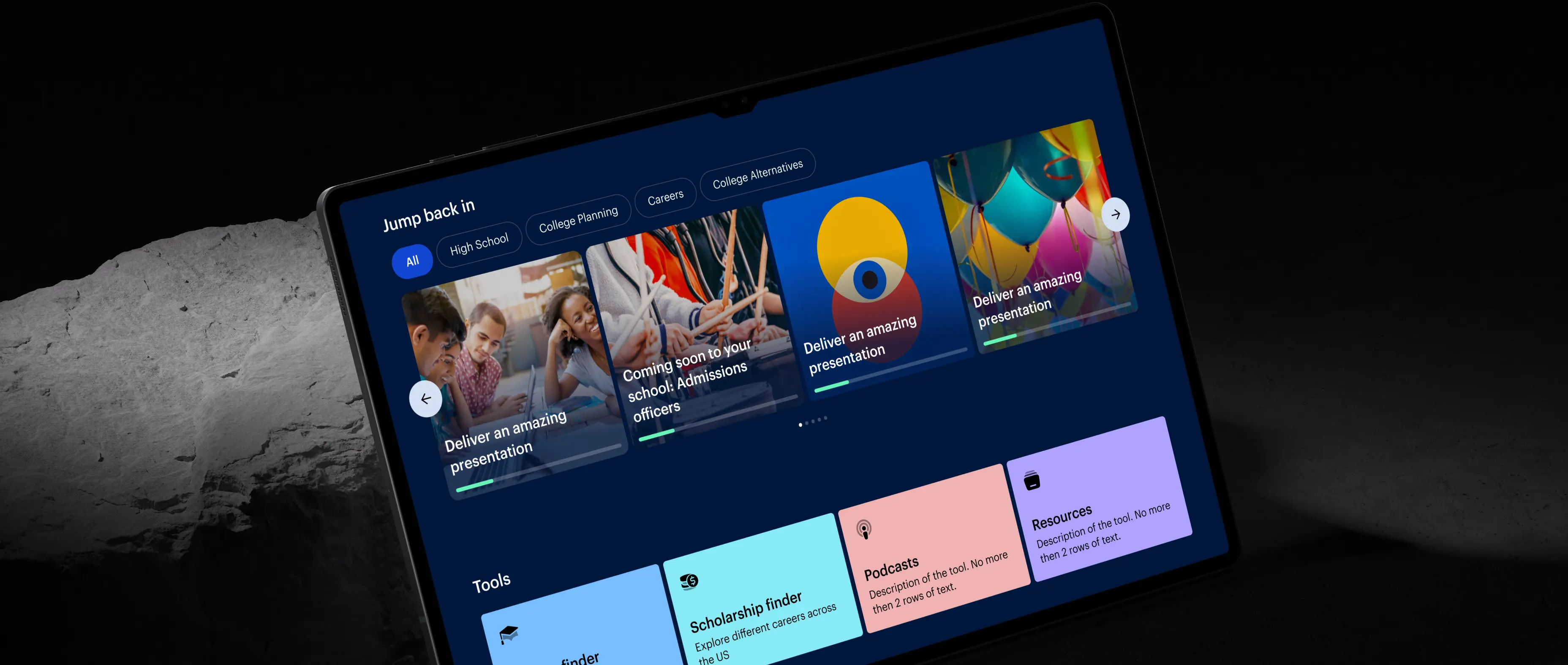 Educational platform interface showcasing personalized learning content, career exploration resources, scholarship discovery, and college planning tools in a modern student dashboard.