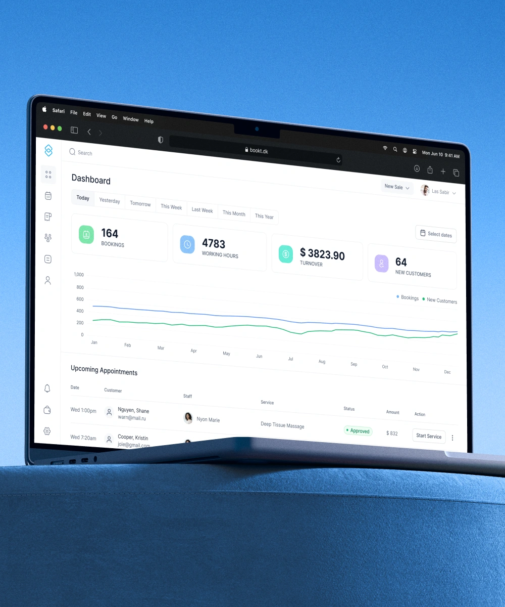 Laptop mockup showing a clean Bookt dashboard with booking, working hours, turnover, customer metrics, a performance chart, and upcoming appointments against a blue background.
