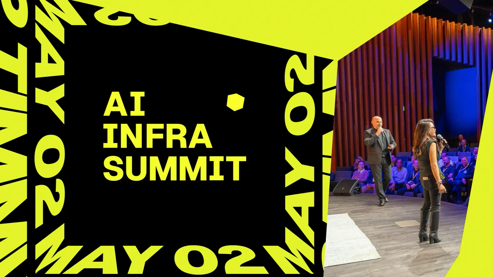 AI Infra Summit event graphic combines bold neon yellow typography with a stage photo of speakers presenting to an audience.