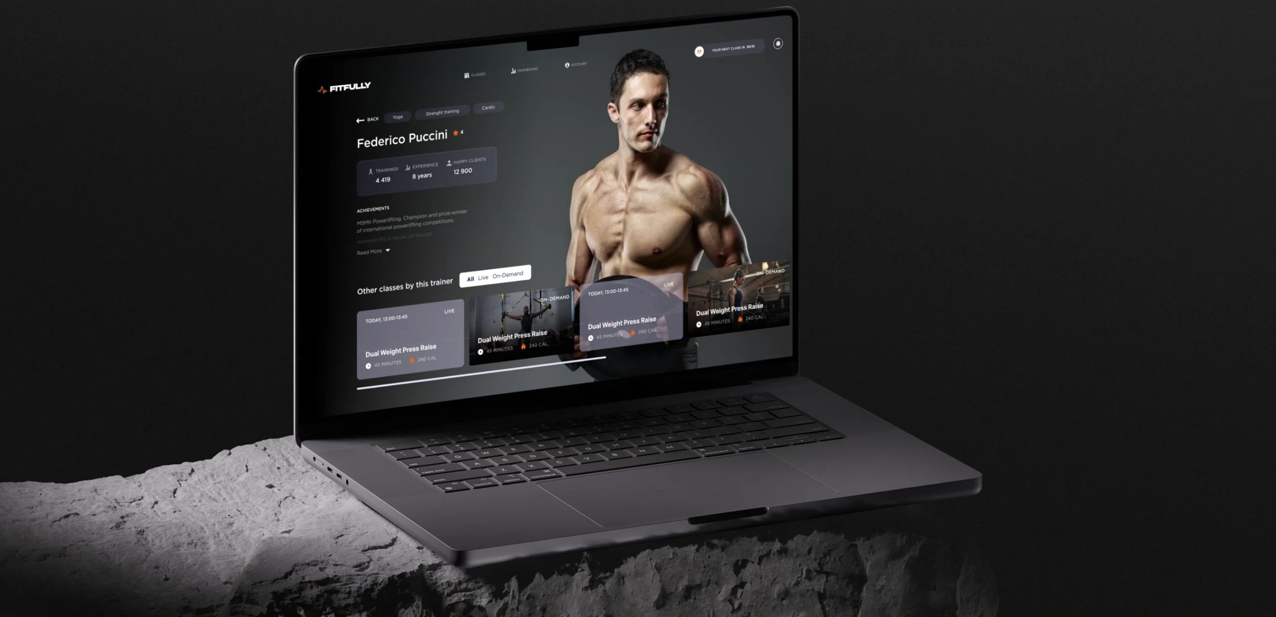 Laptop mockup showing the Fitfully fitness platform with a trainer profile, class filters, and workout cards on a dark interface.