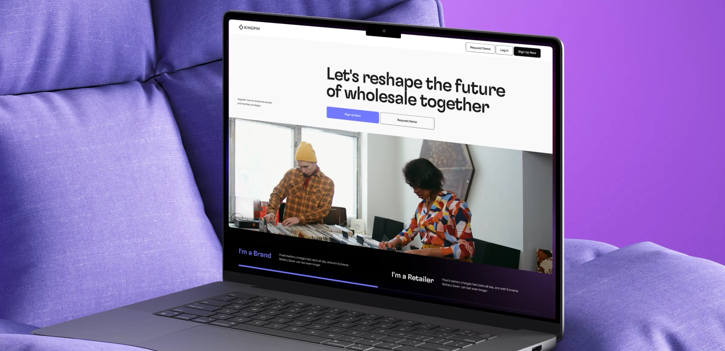 Kingpin wholesale marketplace homepage with the headline "Let's reshape the future of wholesale together" and separate "I'm a Brand" and "I'm a Retailer" sign-up paths.