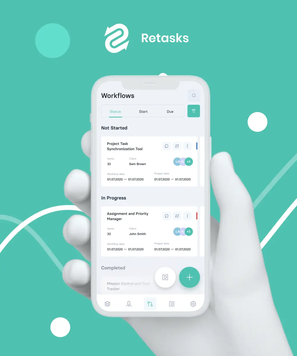 A hand holding a phone showing Retasks workflows grouped by status in the mobile app.