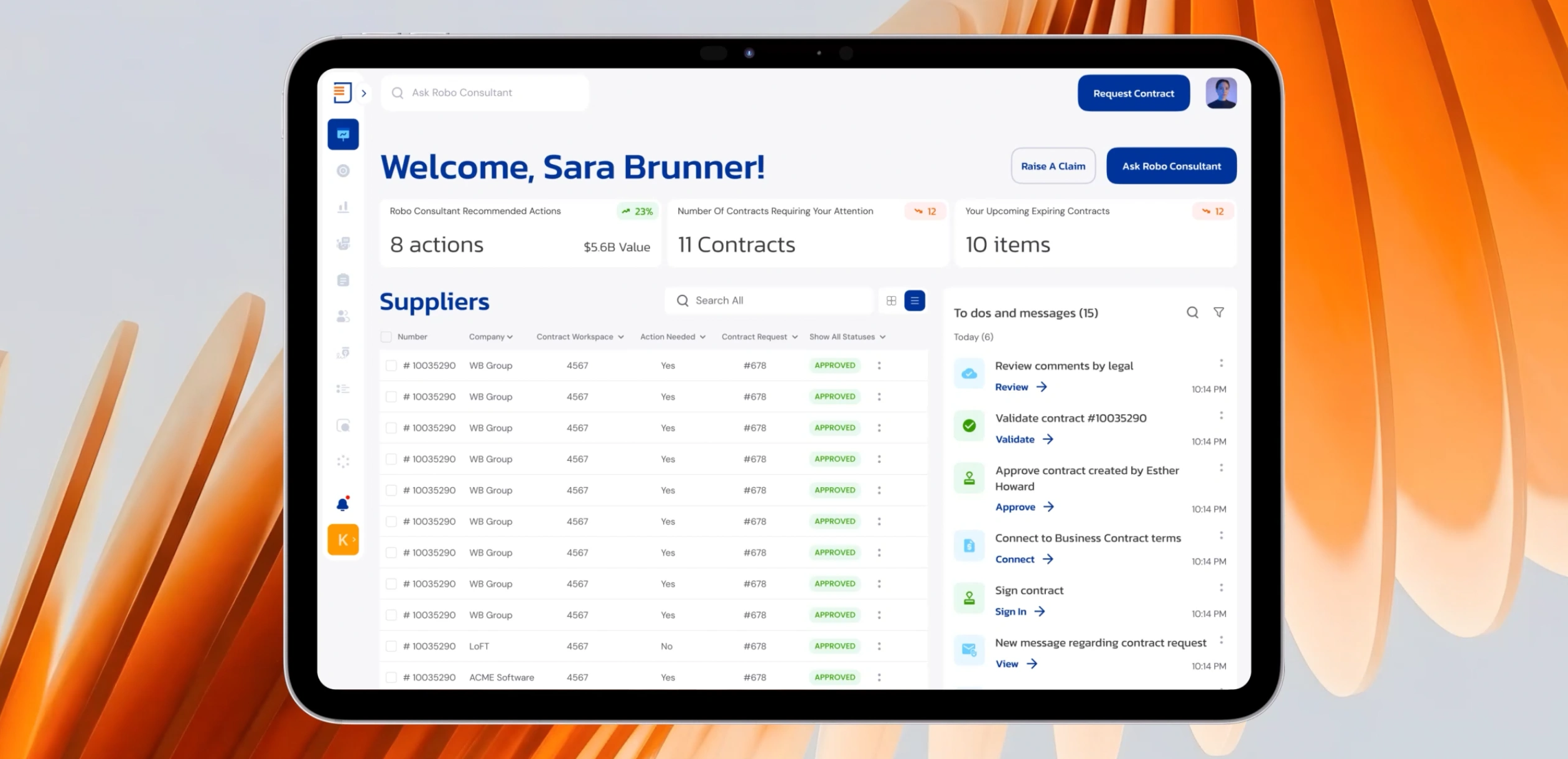 Kontrak IQ home dashboard showing a personalized welcome, summary cards for recommended actions, contracts needing attention, and expiring contracts, a suppliers table.