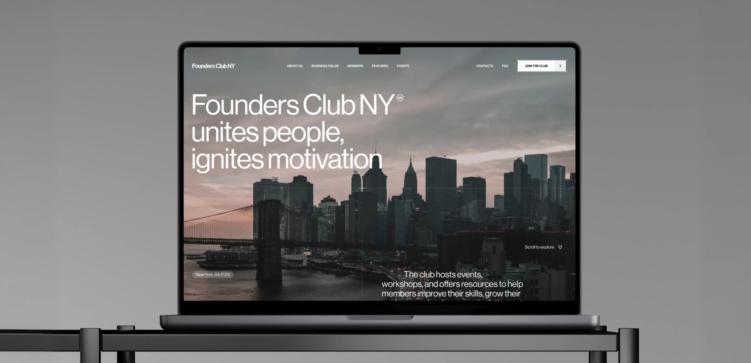 Founders Club NY landing page hero on a laptop, headline over a New York skyline with a Join the Club button.