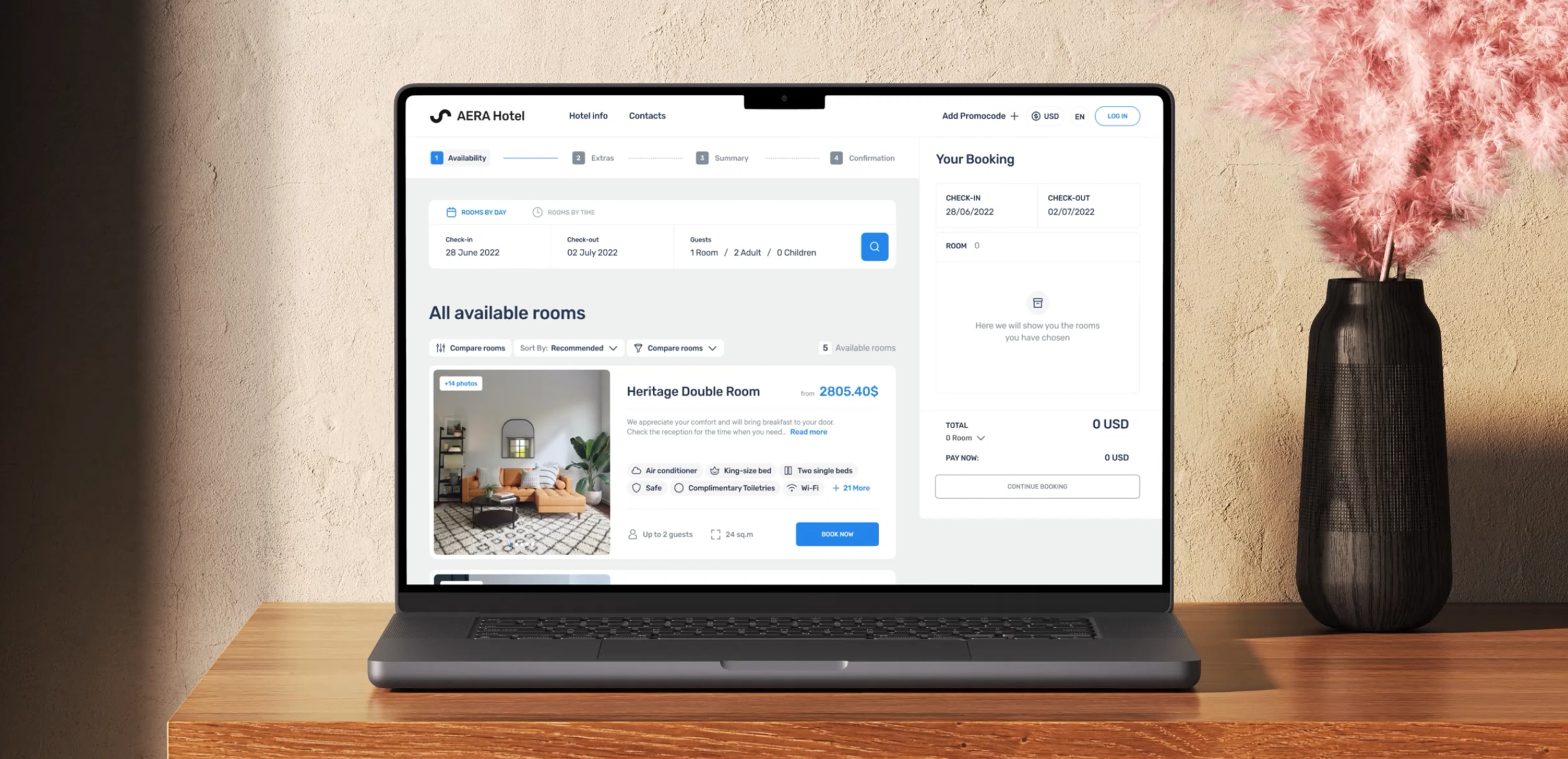 Dirs21 booking app on a laptop showing the availability step with room results and a live booking summary.