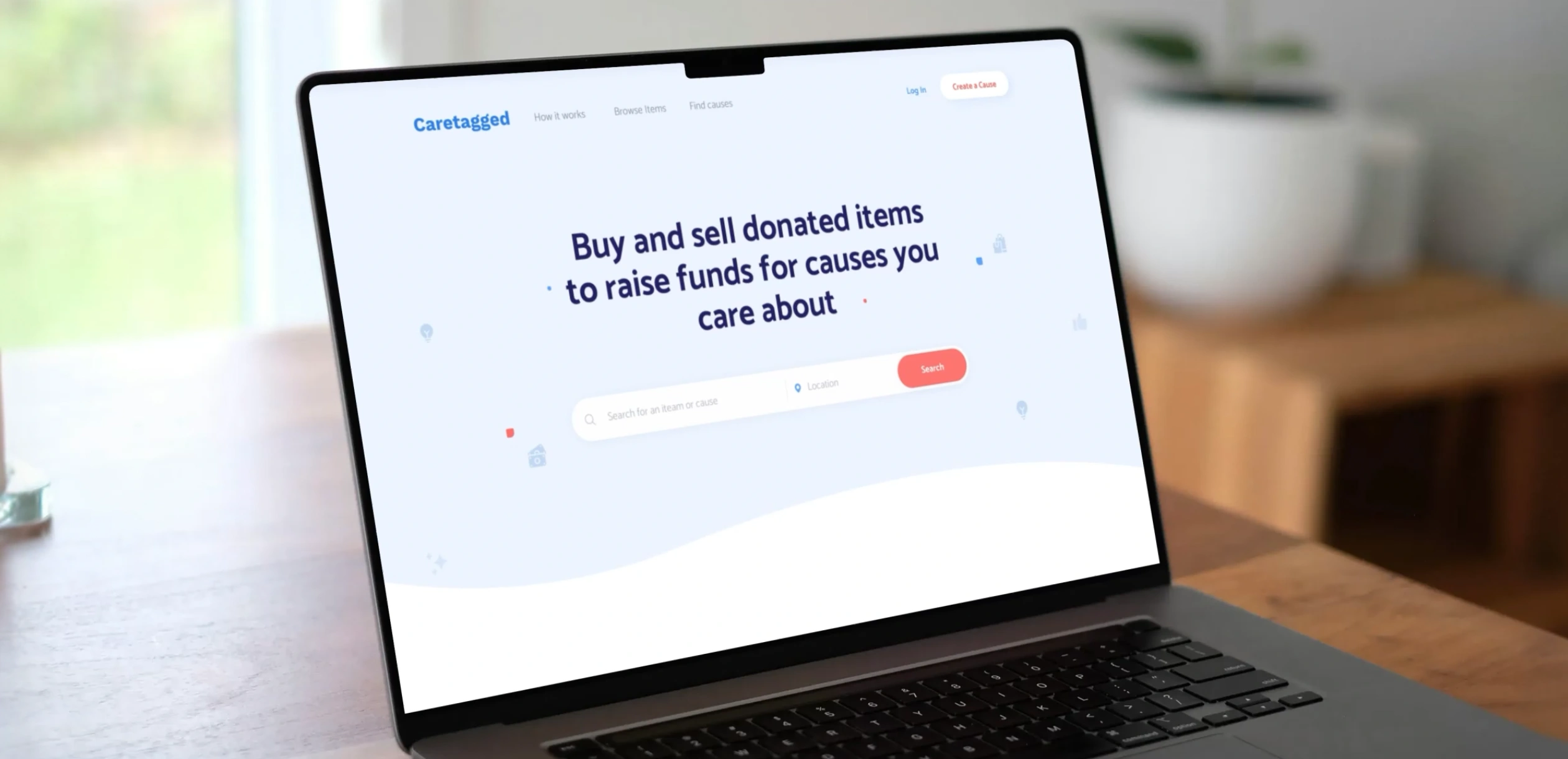 FunditOn homepage on a laptop, with the headline on buying and selling donated items to raise funds for a cause.
