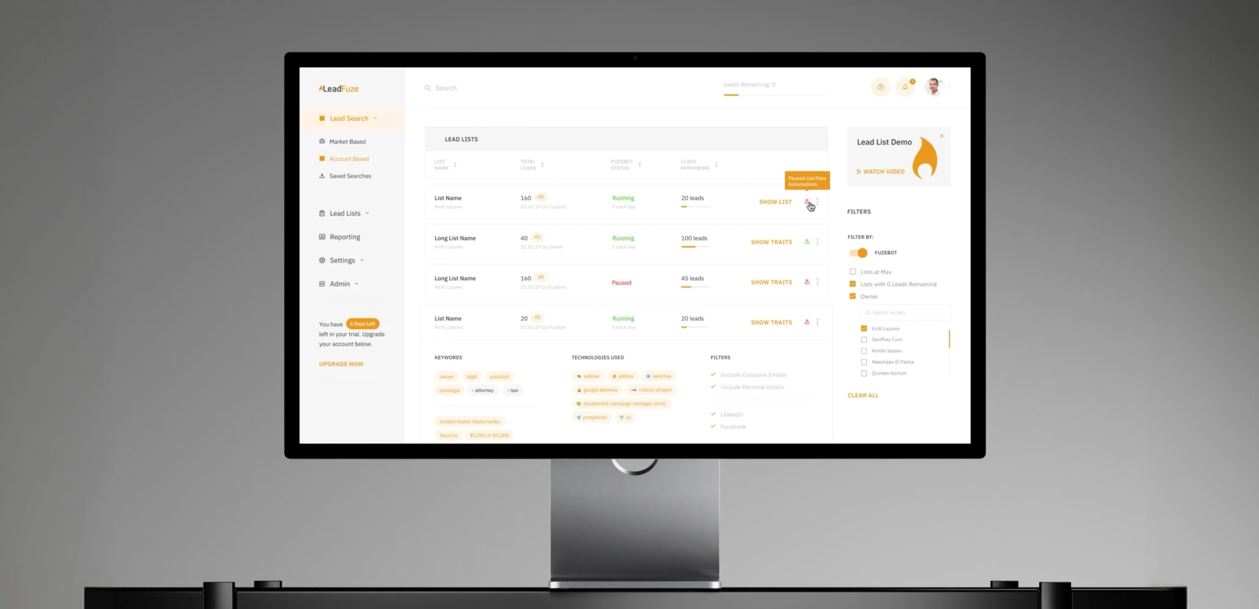 LeadFuze lead lists dashboard showing Fuzebot automation status, total leads, and leads remaining for each list.