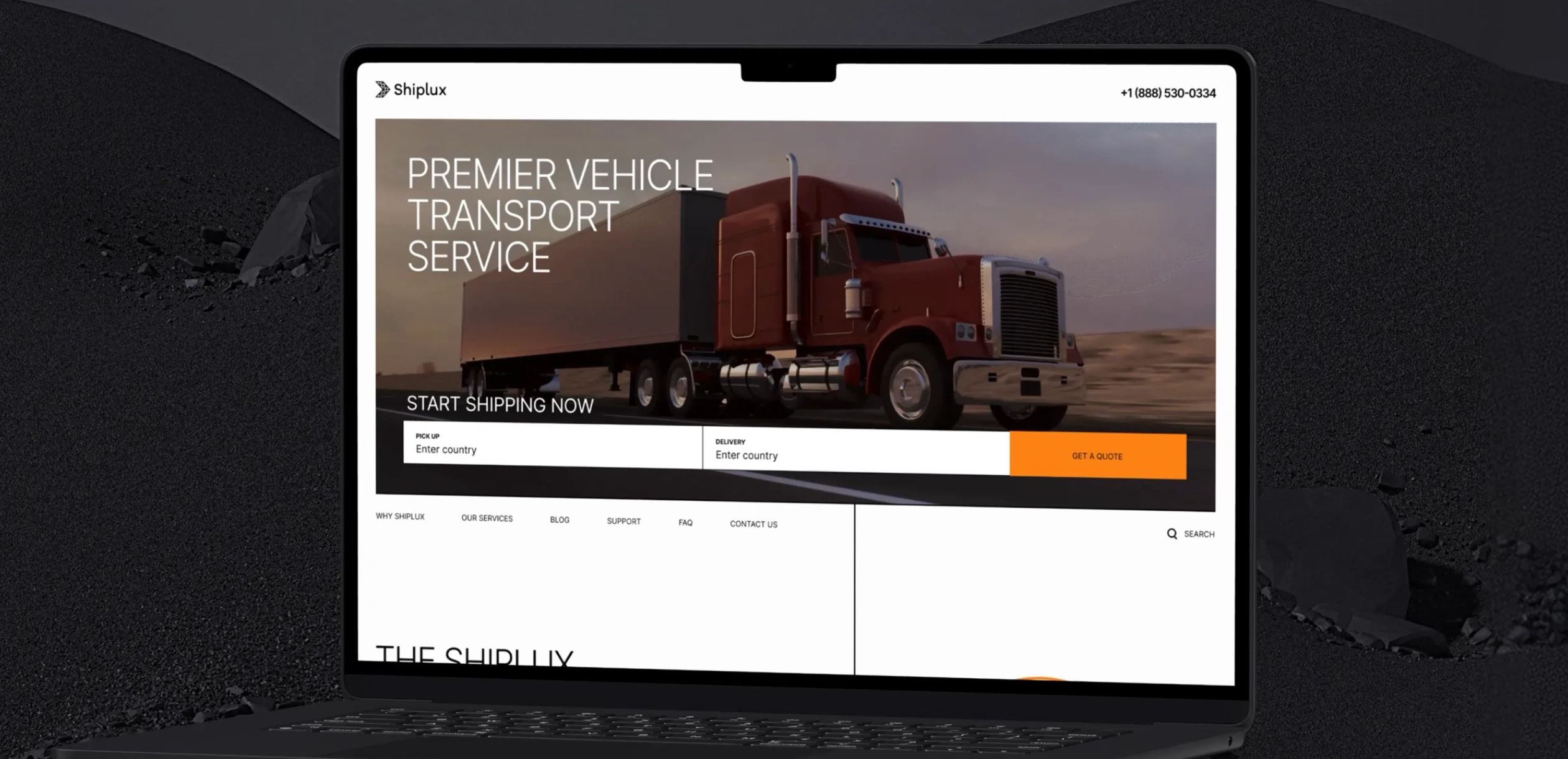 Shiplux homepage hero on a laptop, with a red long-haul truck, the headline "Premier Vehicle Transport Service," and a pickup-to-delivery quote bar with a Get a Quote button.