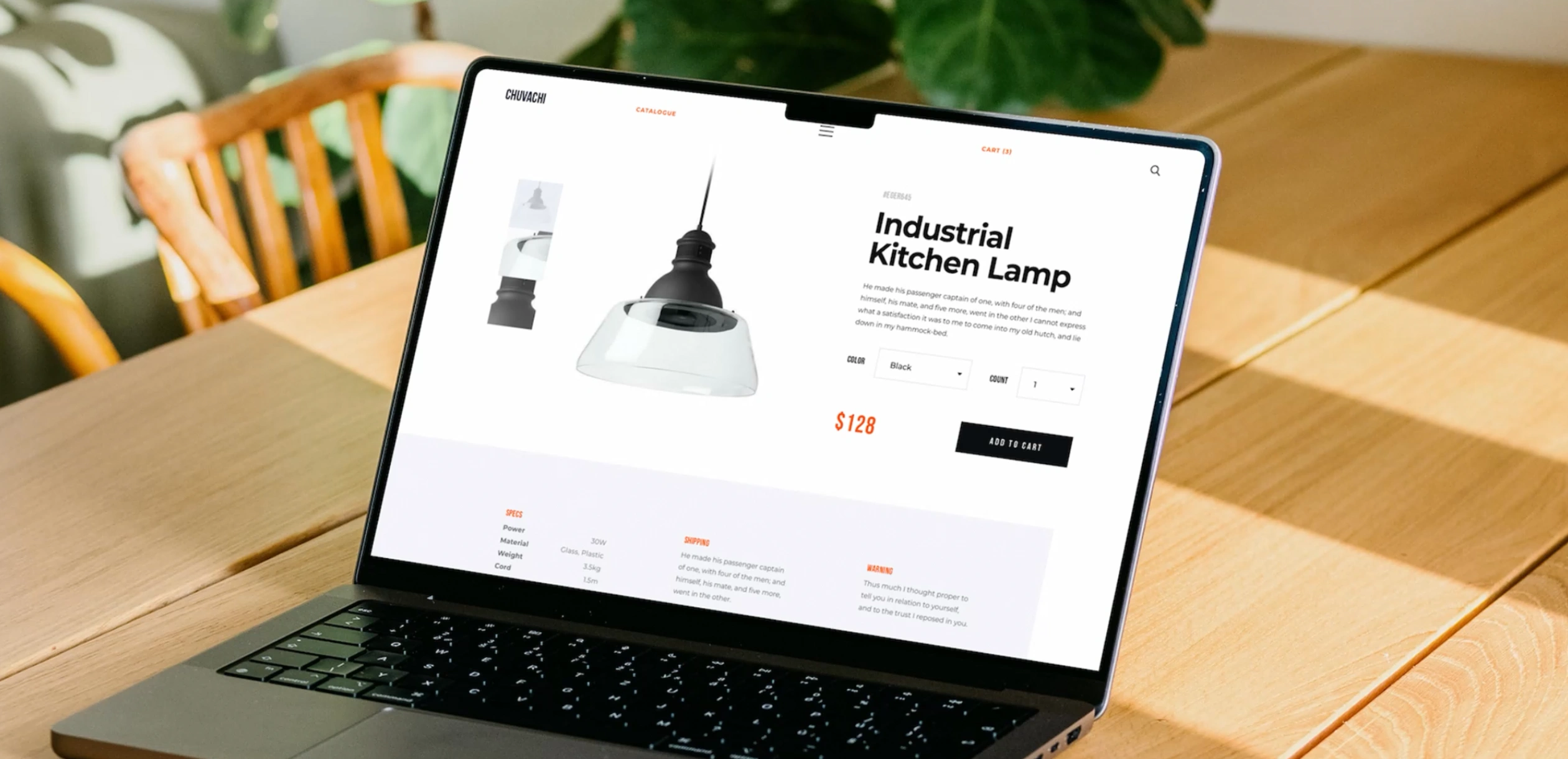 Chuvachi furniture e-commerce product page on a laptop, showing a pendant lamp with specifications and buying options.