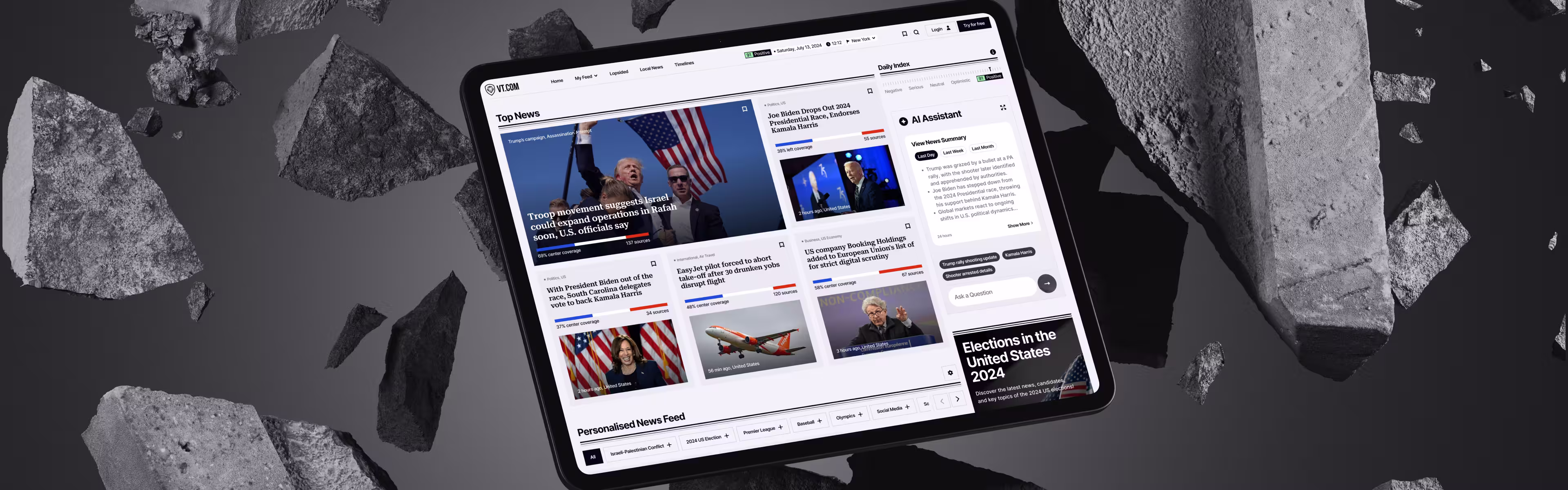 Tablet resting on grey rock, displaying the VT.com news homepage with a "Top News" grid of story cards (each showing source counts and coverage bias), a Daily Index sentiment bar, and an AI Assistant news-summary panel.