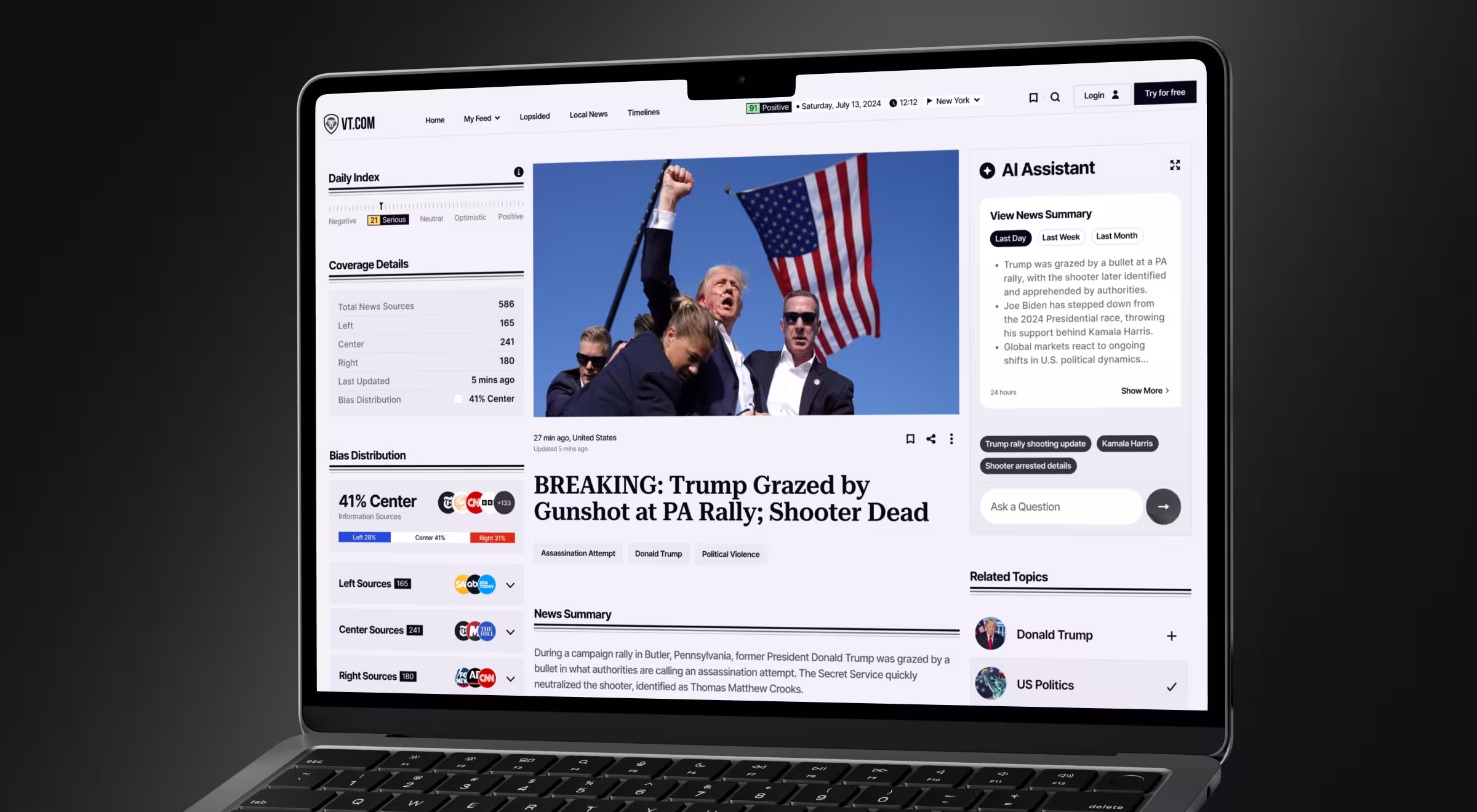 Laptop displaying the VT.com news interface for a breaking Trump rally story, with a left panel showing bias distribution across 586 sources (left, center, right) and a Daily Index sentiment meter, alongside a right-hand AI Assistant panel summarizing the news.
