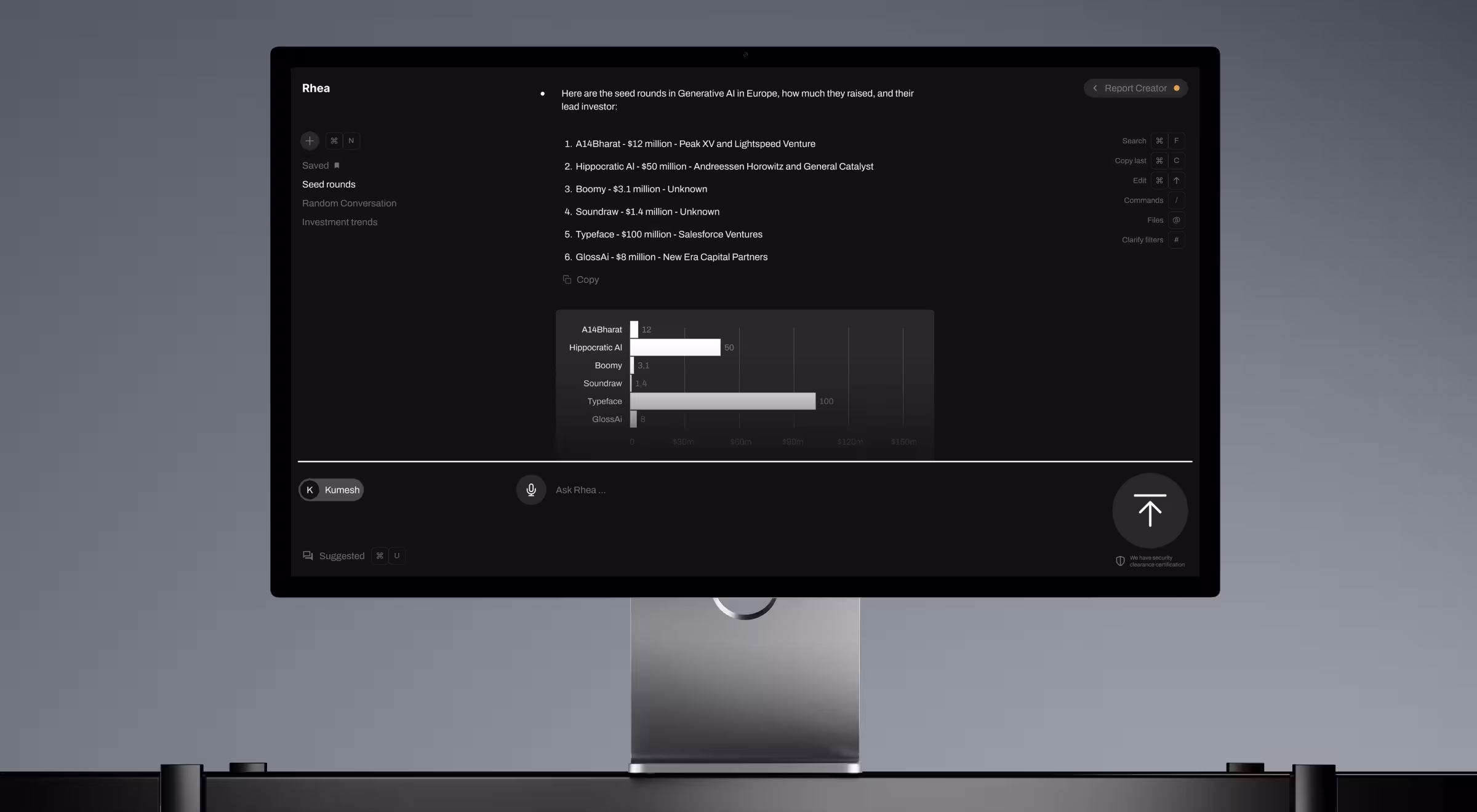 Studio display showing the Rhea conversational analytics tool answering "seed rounds in Generative AI in Europe," with a numbered list of companies, amounts raised, and lead investors, plus an auto-generated horizontal bar chart of funding amounts.