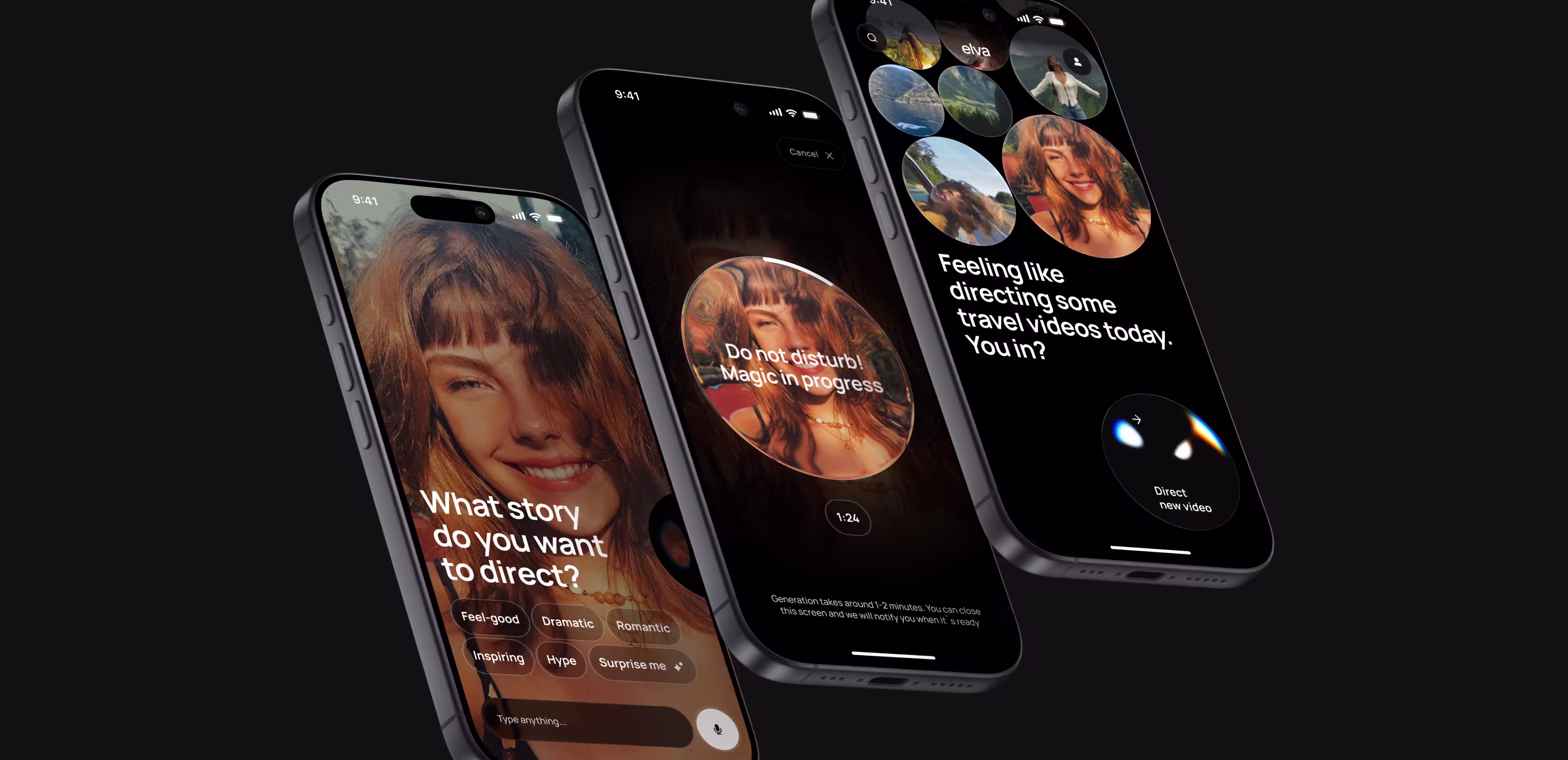 Three iPhone screens showing the Elva AI video-editing app: a "What story do you want to direct?" prompt with mood chips, a "Do not disturb! Magic in progress" generation screen, and a travel-video suggestion feed with a "Direct new video" button.
