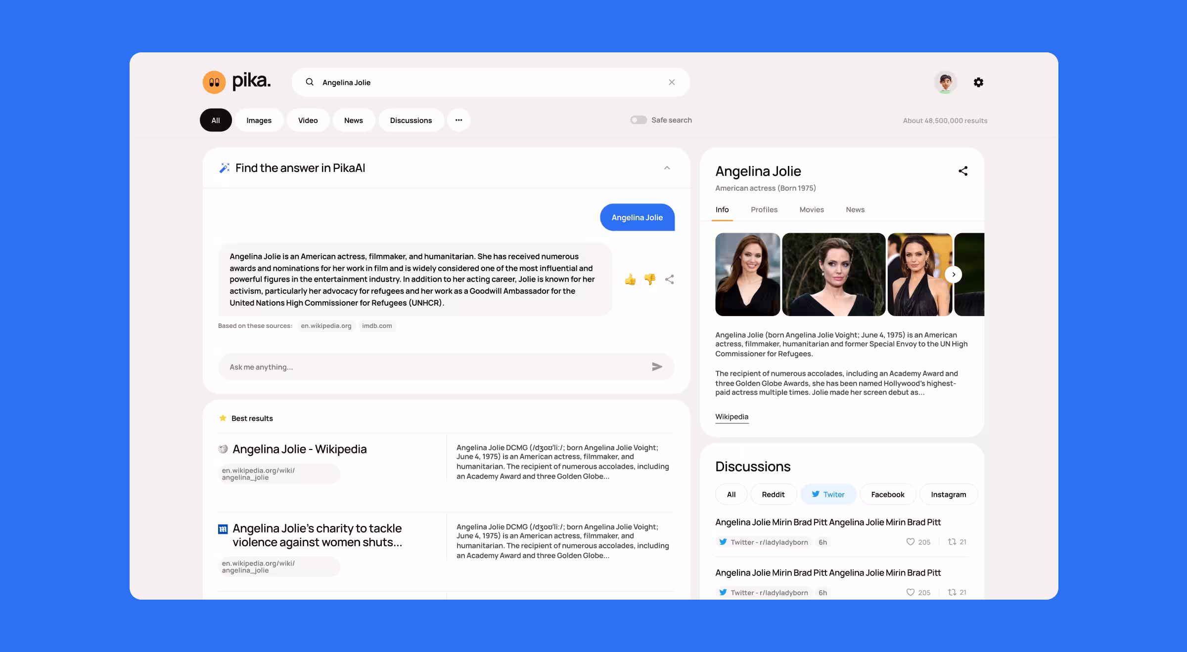 Pika AI search results page for "Angelina Jolie" with an AI-generated answer that cites its Wikipedia and IMDb sources on the left, a knowledge panel on the right, and ranked best results below.