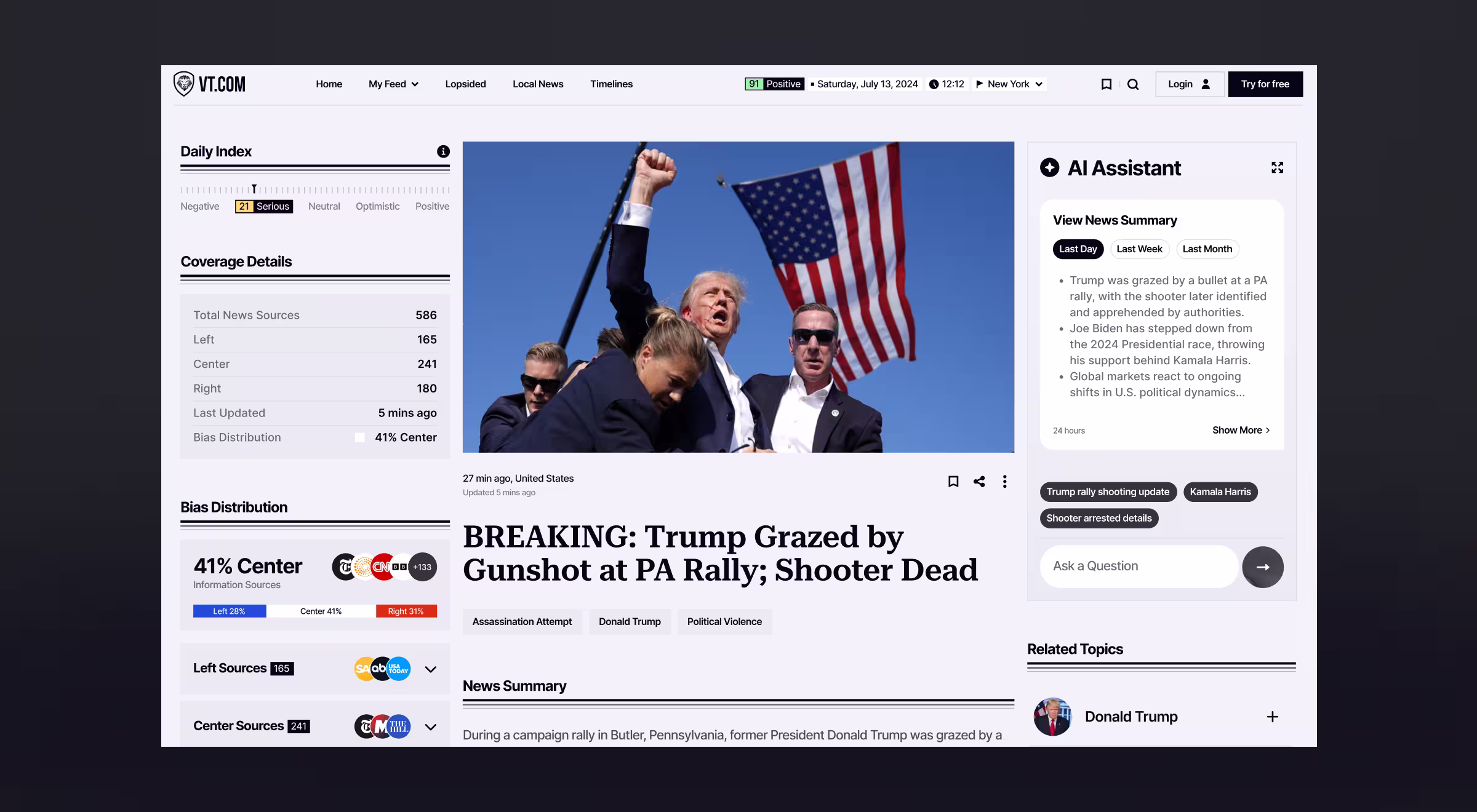 VTNews.ai media-intelligence page showing a breaking-news story with an AI-generated summary, a left-center-right bias scale, and coverage details listing 586 sources broken down by political lean, alongside an AI Assistant panel.