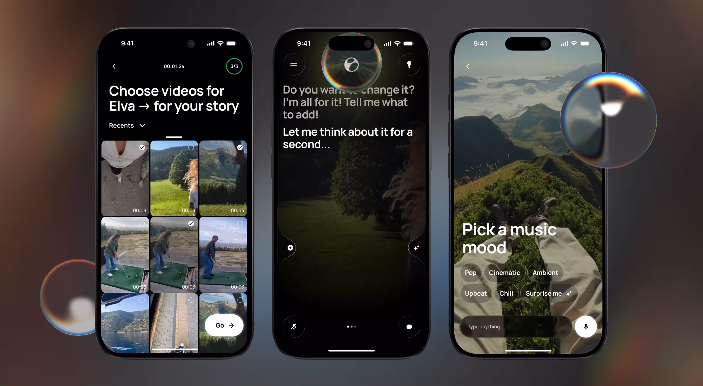 Three iPhone screens of Elva, an AI mobile video director: selecting video clips for a story, a conversational assistant asking what to change, and a "Pick a music mood" step offering options like Cinematic, Ambient, and Chill.