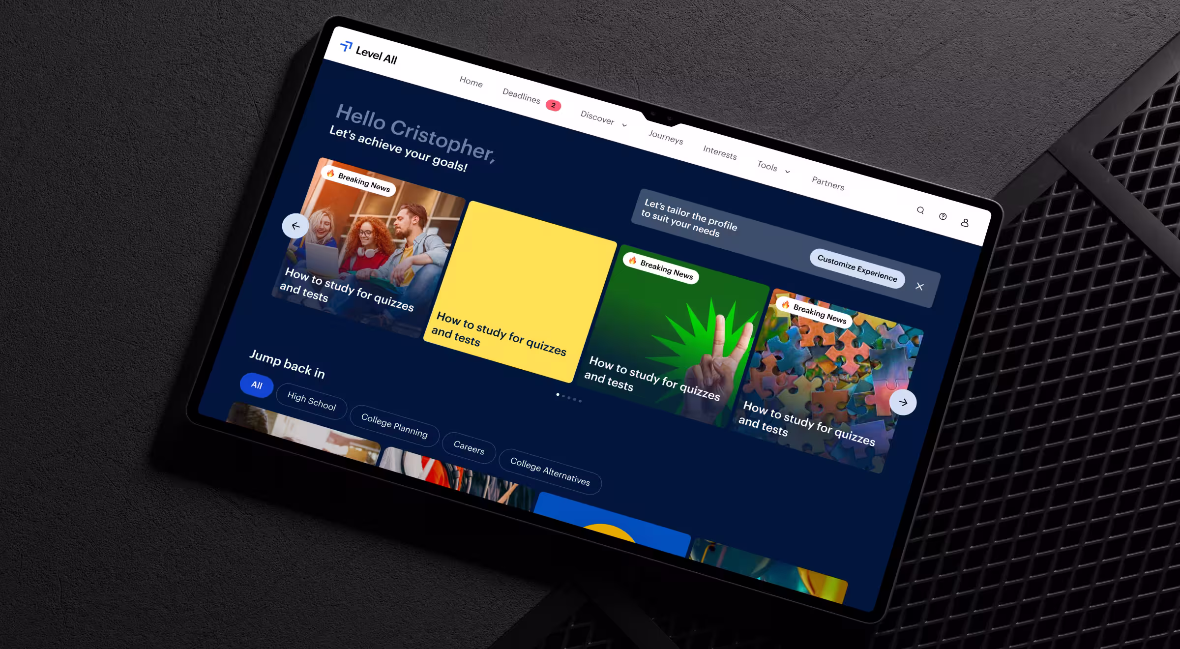 Level All edtech dashboard on a tablet with a personalized "Hello Cristopher" greeting, breaking-news content cards, and a "Customize Experience" prompt that lets the student tailor their profile, school, and goals.