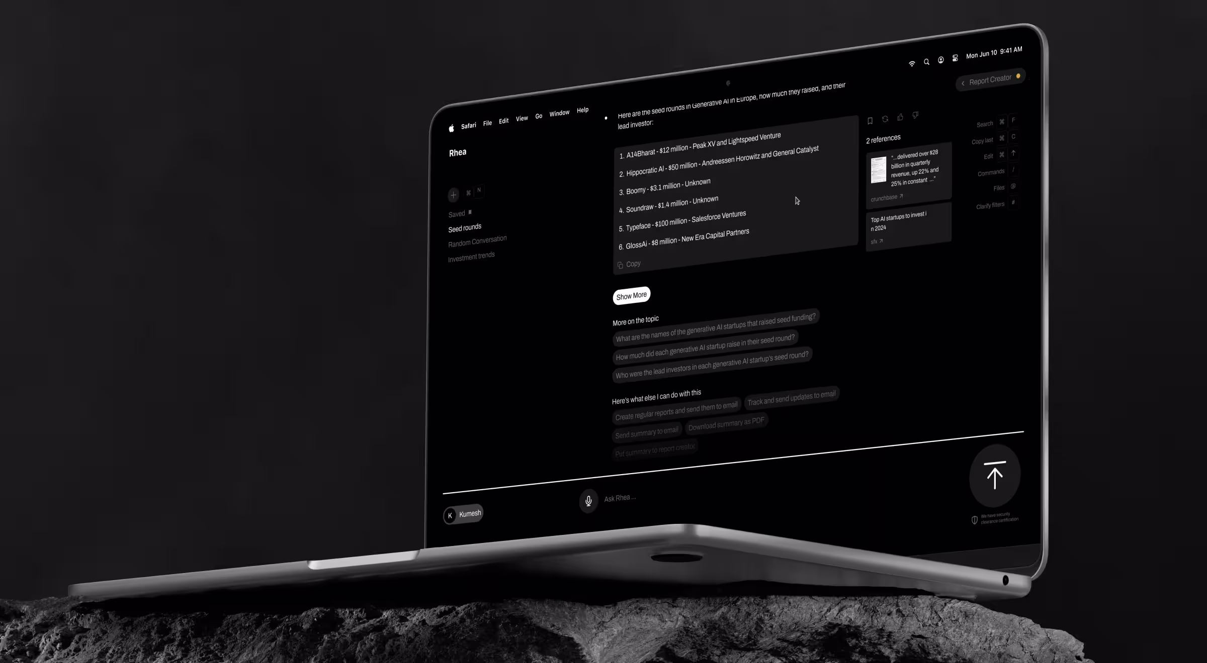 Rhea AI assistant shows AI seed-round funding with source citations.