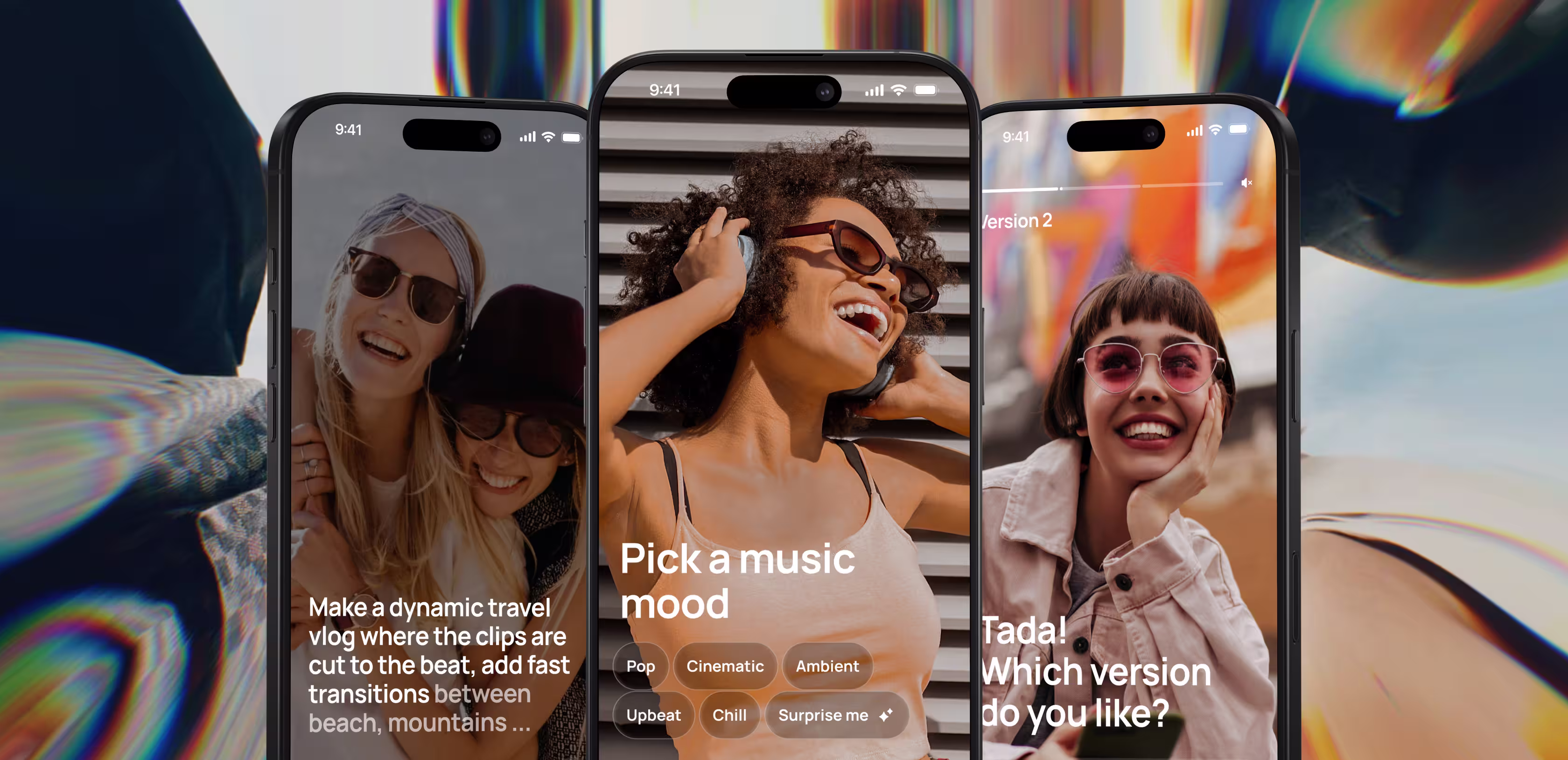 AI video editor on phones: prompt, pick music mood, pick version.