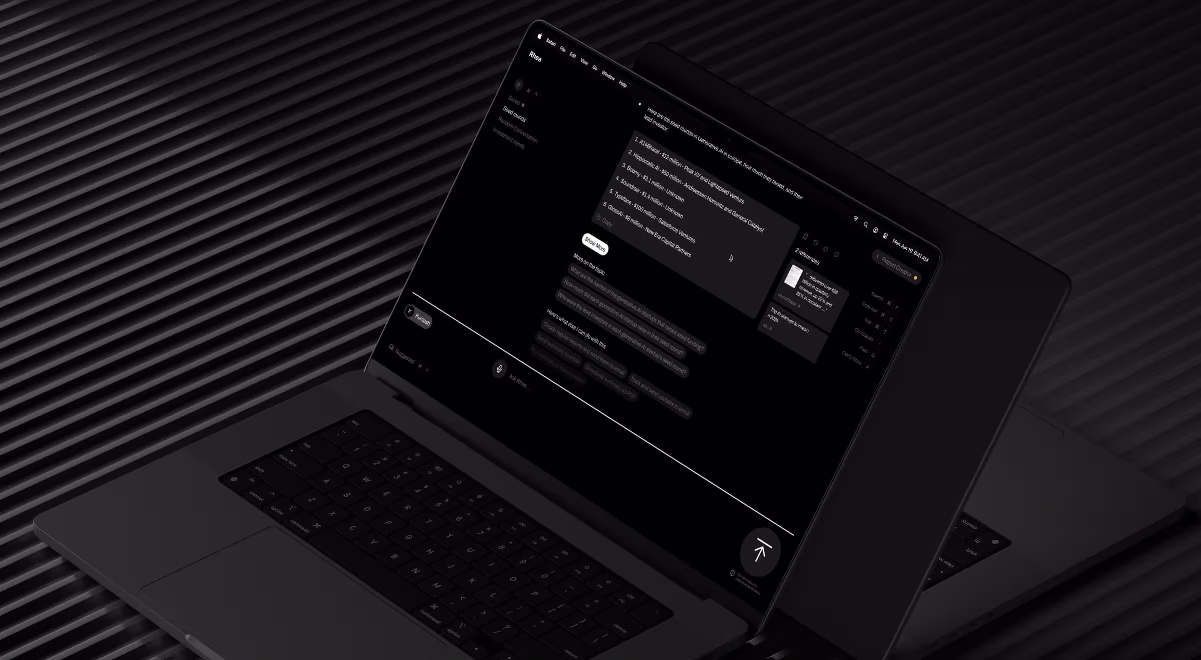 Rhea research-to-report app open in Safari on a MacBook, showing an AI chat that lists generative AI seed rounds with funding amounts and lead investors alongside a references panel.