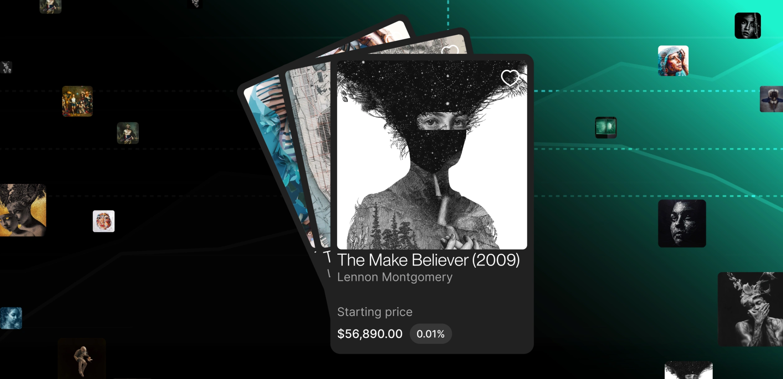 Horizontal cover image of fanned Aerie artwork cards floating over a dark teal grid scattered with small portrait thumbnails, the front card showing "The Make Believer (2009)" by Lennon Montgomery at a $56,890 starting price.