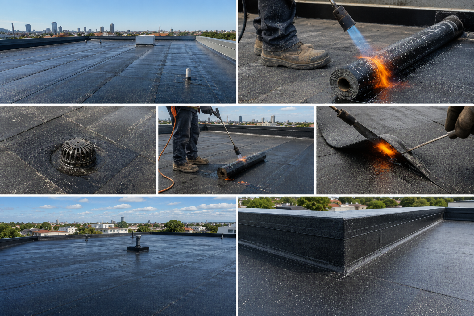 Completed torch-on waterproofing system installed on a flat roof.