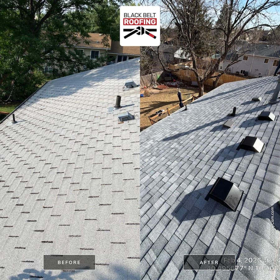 New asphalt shingle roof installed after hail damage replacement in Fort Collins Colorado