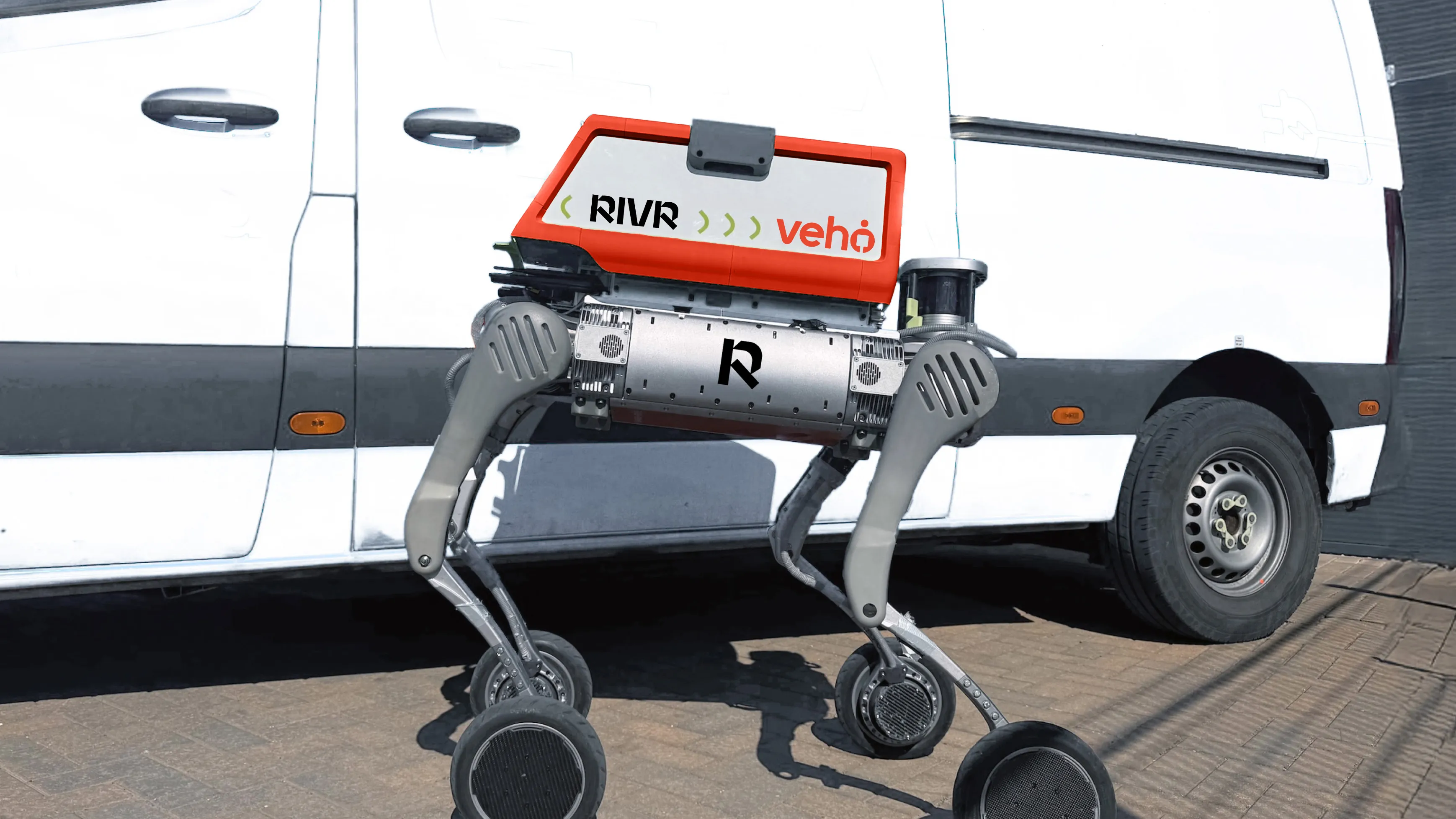 Four-legged robot with wheels standing on a paved surface in front of a white van.