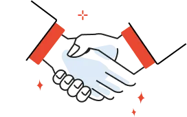 Illustration of two hands shaking in agreement with red cuff accents and small decorative stars.
