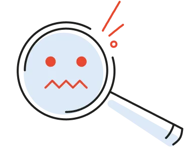 Magnifying glass focusing on a worried face with red eyes and zigzag mouth.