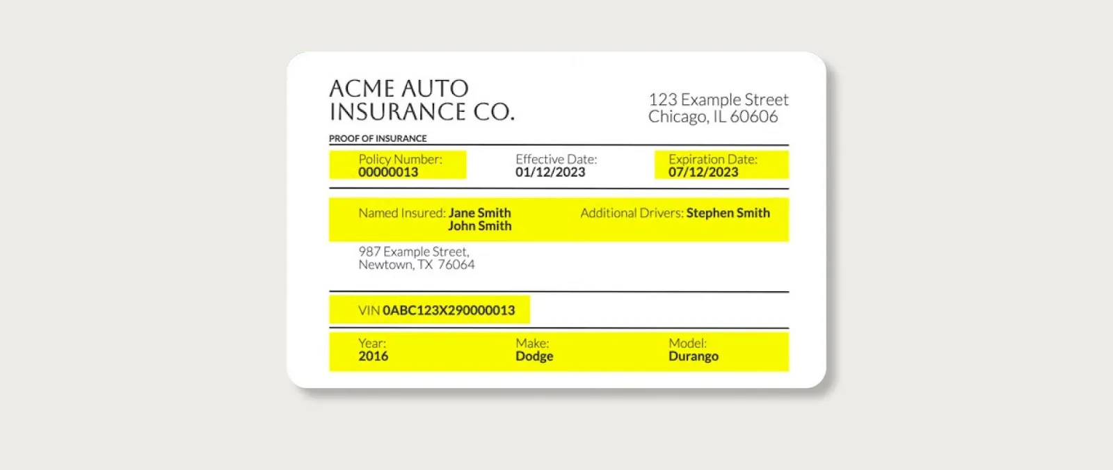 ACME Auto Insurance proof of insurance card showing policy number, insured names, vehicle details, and expiration date.