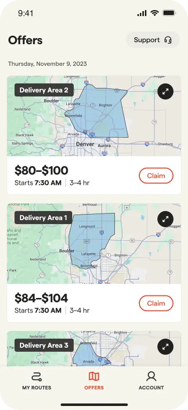Mobile app screen showing three delivery offer areas around Denver with payment ranges and claim buttons.