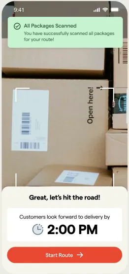 Smartphone screen showing confirmation of all packages scanned for delivery route at 2 PM with a Start Route button.