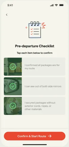 Mobile app screen showing a pre-departure checklist with three confirmation items and a red confirm and start route button.