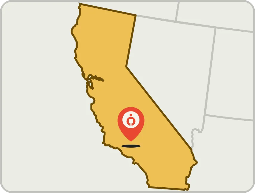 Map highlighting California in gold with a red location marker near the central region.